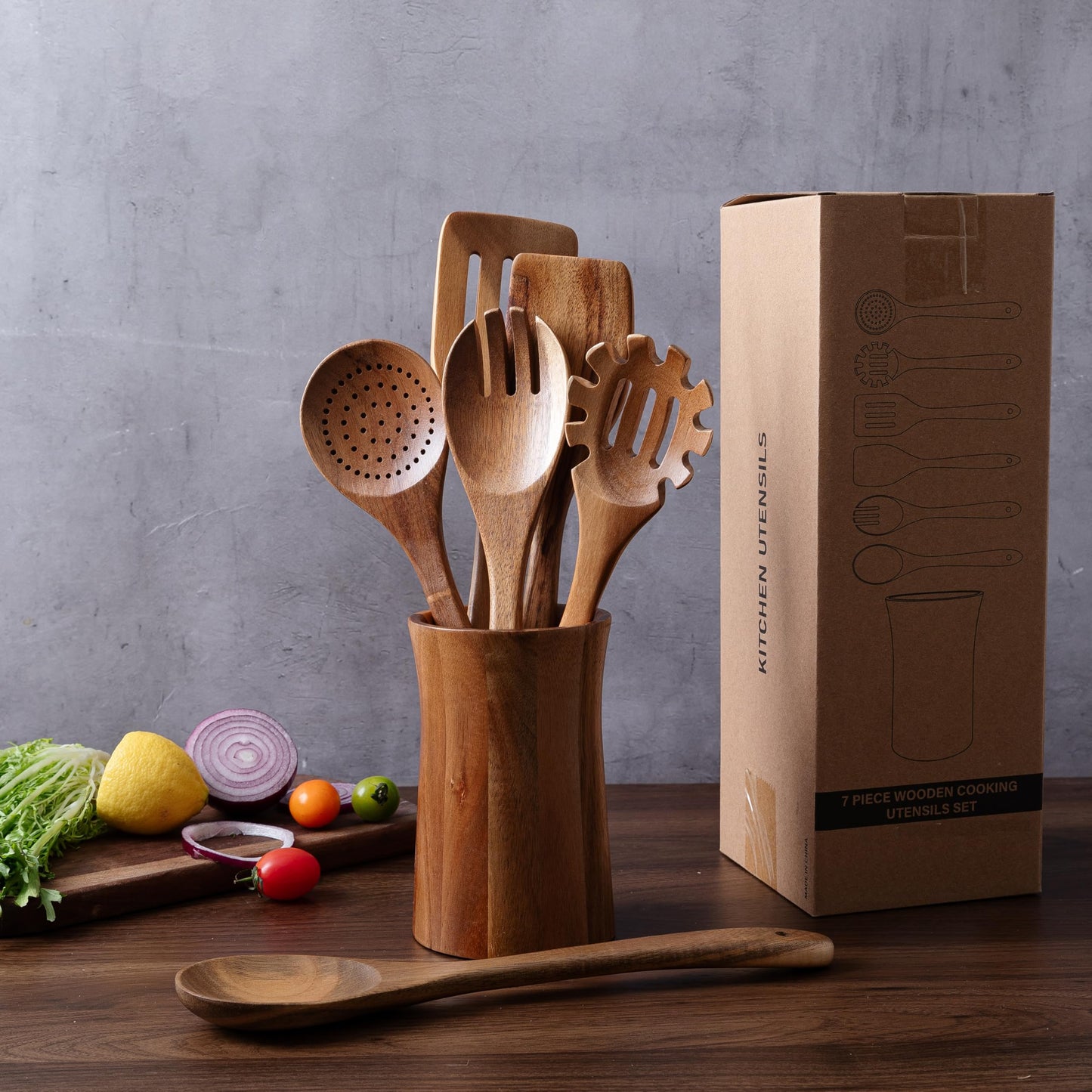 7 Piece Natural Acacia Wooden Kitchen Utensil Set with Holder - Wooden Spoons and fork for Cooking Comfort Grip Cooking Spoons, Spatulas, Strainer Spoon, Salad Fork, Mixing Spoon and Utensil Holder