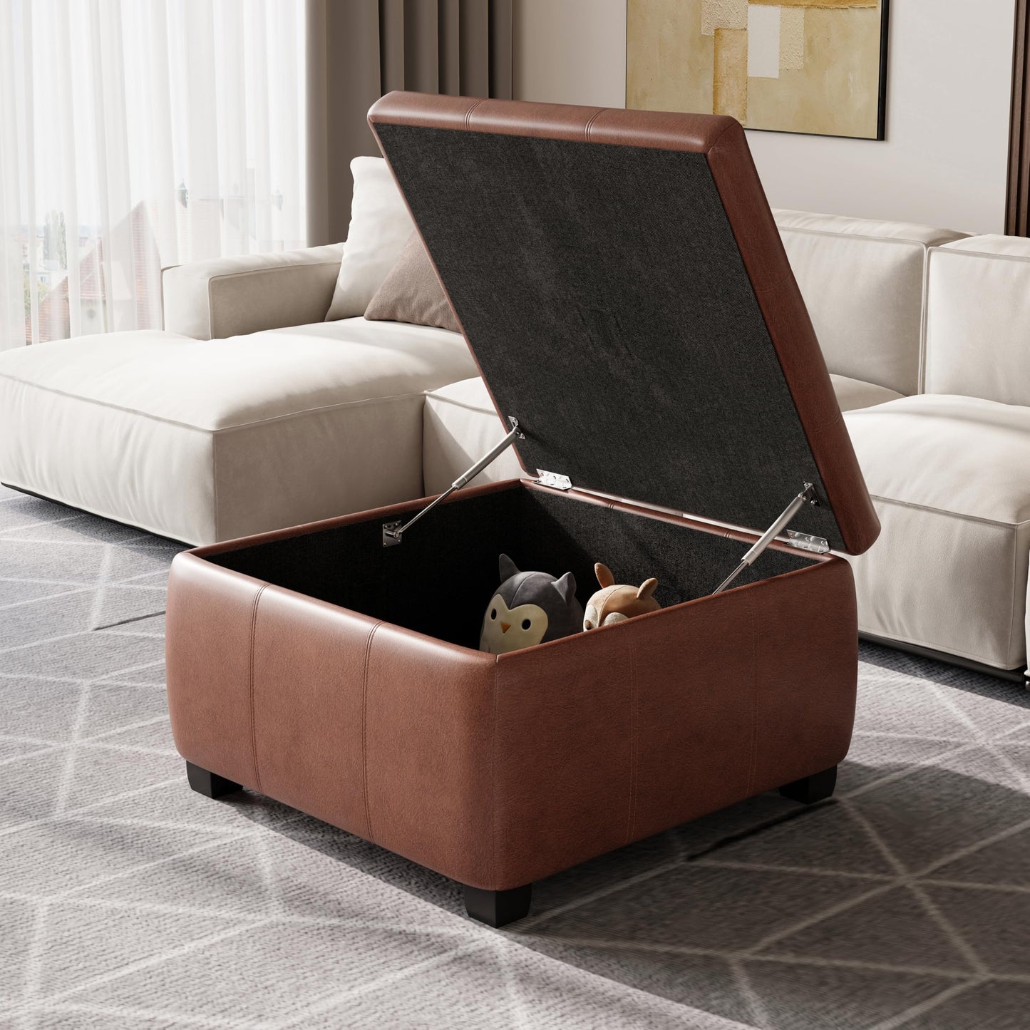 Christopher Knight Home Anivia Faux Leather Square Storage Ottoman Coffee Table, Wooden Ottoman with Storage, Entryway Modern Square Footstool, Upholstered Toy Box Storage for Living Room, Brown
