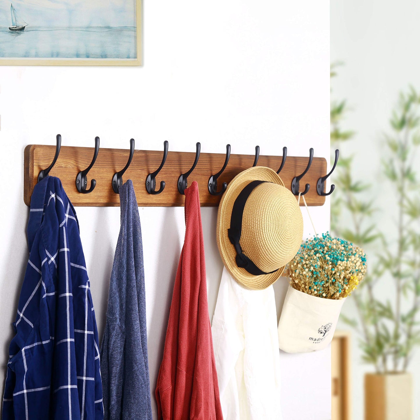 WEBI Rustic Coat Rack Wall Mount,10 Hooks,38 9/16" Long Coat Hooks Wall Mounted,16’’ Hole to Hole,Wood Coat Hanger Wall,Hook Rack Hooks for Hanging Coats,Jacket,Clothes,Hats,Brown