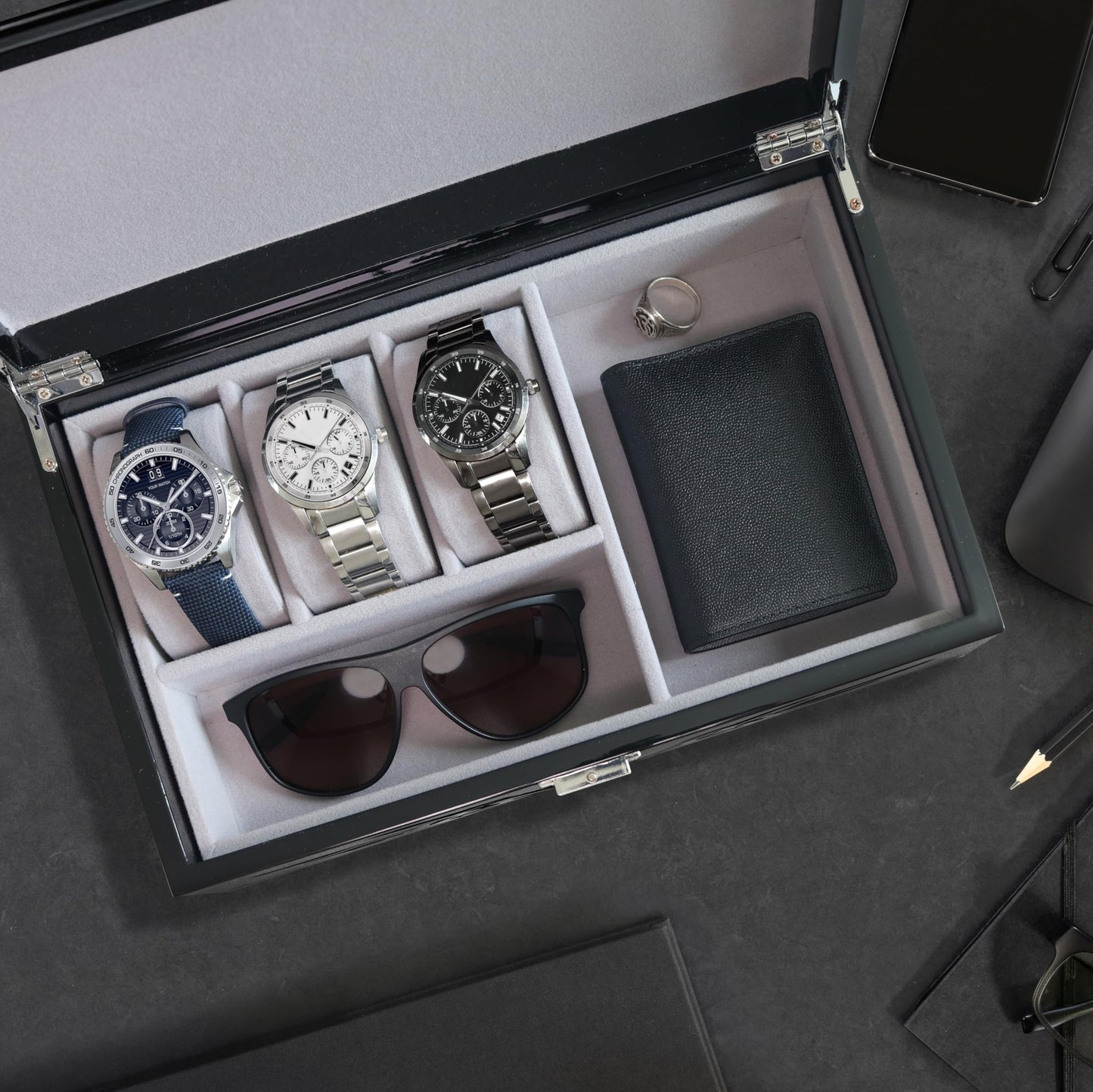 MADDesign Mother of Pearl Watch Box Jewelry Organizer Daily Storage Handmade Tribal Dragon Design (Black)
