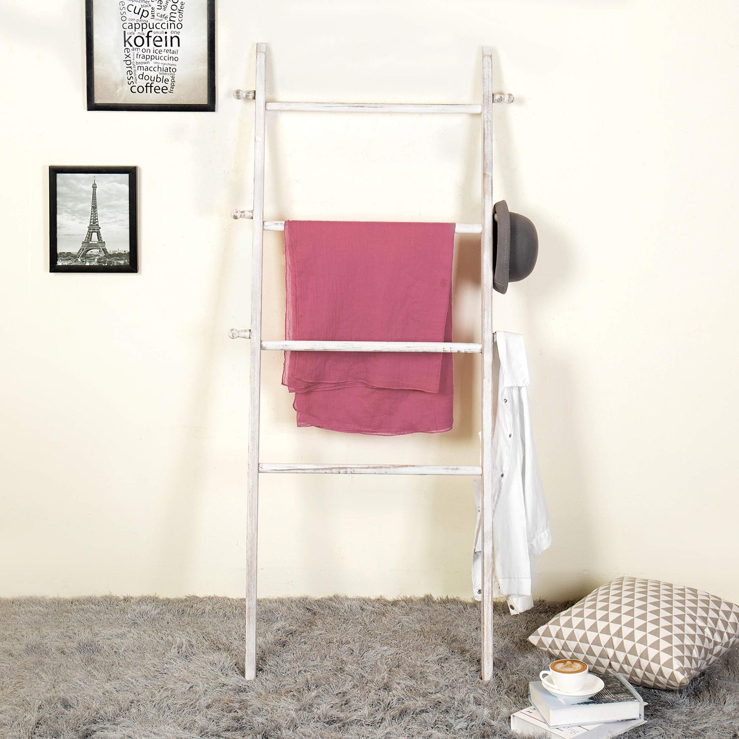 MyGift 63 Inch Wooden Blanket Ladder, White Quilt Towel Holder Rack, Wall Leaning 4 Rungs and 6 Pegged Hooks Farmhouse Decorative Furniture