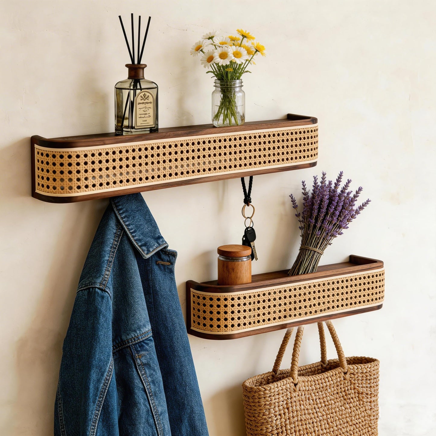 Shamgzuu Coat Rack wall Mount,Rattan Design with Shelf Hidden Hooks, Rustic Perchero De Pared, Entryway Hooks, Key Towel Dog Leashe Jacket Hanger Wall Mount, Walnut (9 Hook 32.28"*3.15"*3.94")