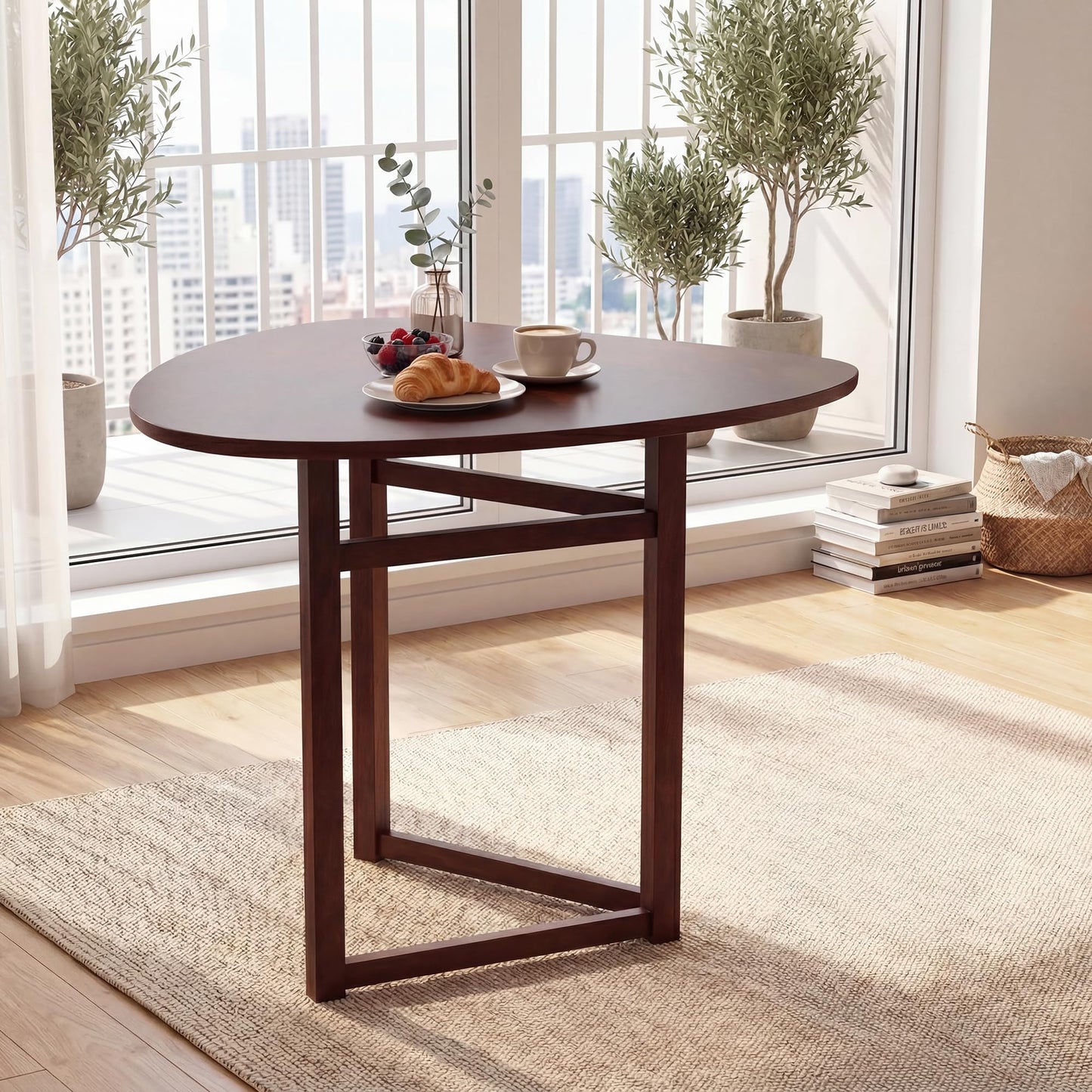COSTWAY 31.5" Foldable Triangular Dining Table for 2-3, Small Kitchen Table with Walnut Wooden Top, Rubber Wood Legs, Space-Saving Compact Table for Small Apartments & Breakfast Nooks