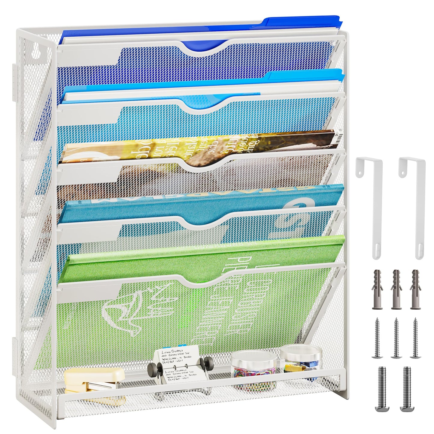 Lavatino 6-Tier Hanging File Organizer, Wall Mount File Holder for Mails Folders Papers Magazine Organization, Vertical Document Organizer for Office Home - (White)