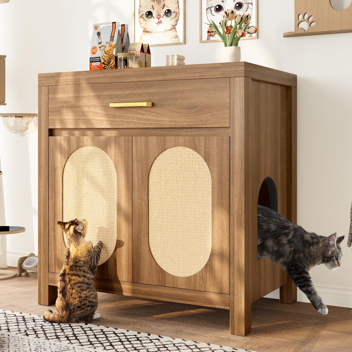 Hidden Cat Litter Box Enclosure Furniture with Scratching Board Doors and Storage Drawer, Wooden Washroom Cat House Cabinet Side Table Nightstand for Living Room, Espresso