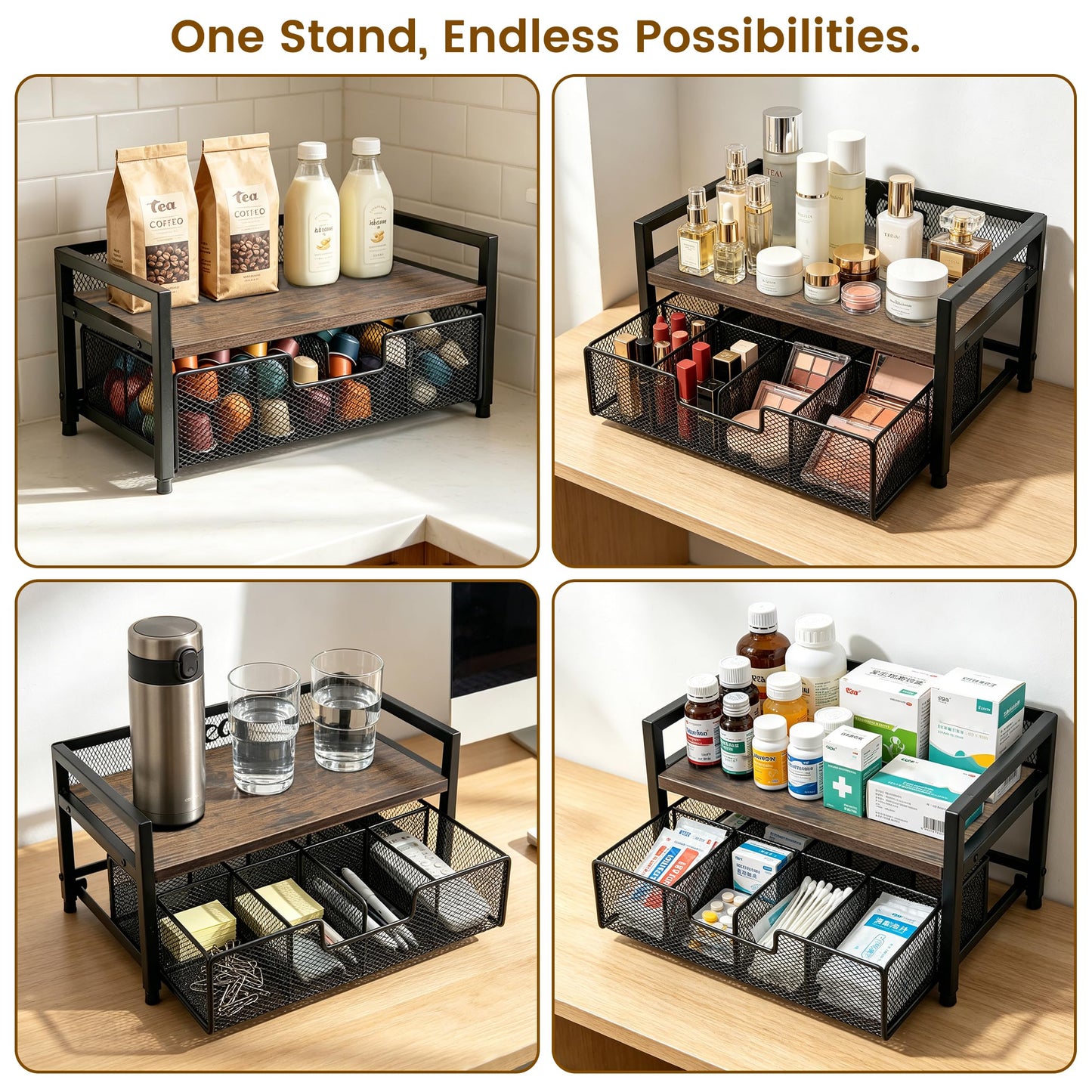 Uniqcovosa 2 Tier Tea Bag Organizer and Storage - 8 Drawer Sliding Tea Box Organizer, Tea Bar Accessories Organizer for Countertop, Bar Station, Kitchen (Rustic Brown)
