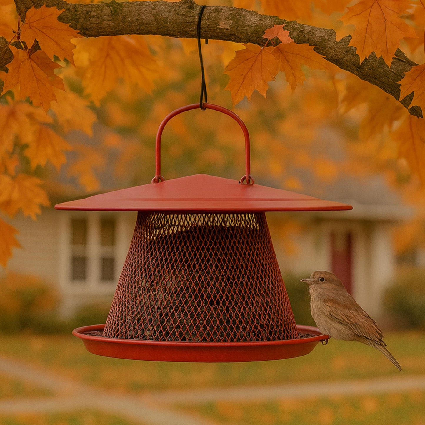 Perky-Pet Red Cardinal Wild Bird Feeder - 2.5 lb Seed Capacity, Holds Up to 15 Birds Simultaneously, Metal Hanging Feeder for Outdoors, Collapsible Mesh Design, Built-In Hook & Circular Tray, C00322