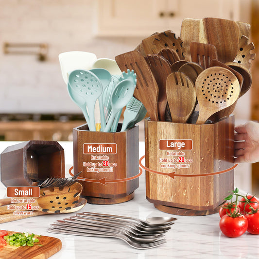 KINGSOW Wooden Utensil Holder Set: 3PCS Extra Large Acacia Wood Organizer with 360° Rotating Base for Kitchen Countertop - Farmhouse Storage Crock for Multi-Generation Family & Cooking Enthusiasts