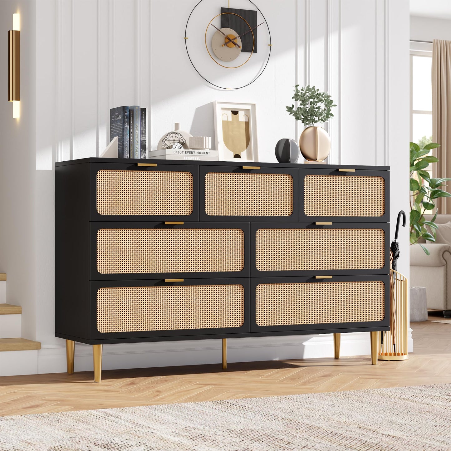 GarveeHome Rattan 7 Drawer Dressers for Bedroom, Tall Dresser with Deep Drawers, Large Chest of Drawers for Closet with Wide Top, Long Wooden Dresser for Living Room, Hallway, Kids Room, Black