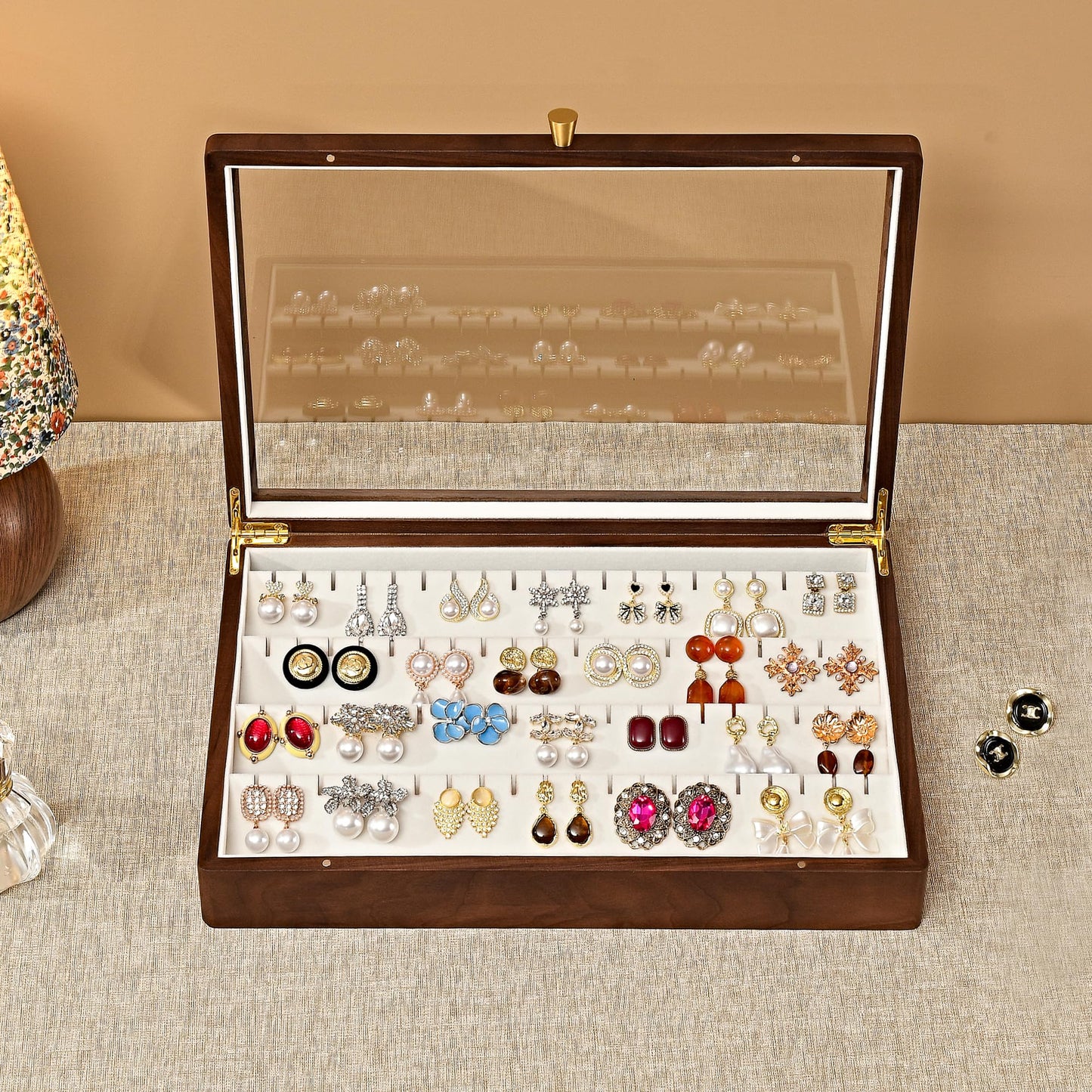 Vwixkuxx Black Walnut Wooden Earring Box, 40 Pairs Earrings Natural Solid Wood Jewelry Organizer Tray with Clear Glass Lid, Desktop Velvet Lined Holder Display Case for Women Girls Gifts for Mom.