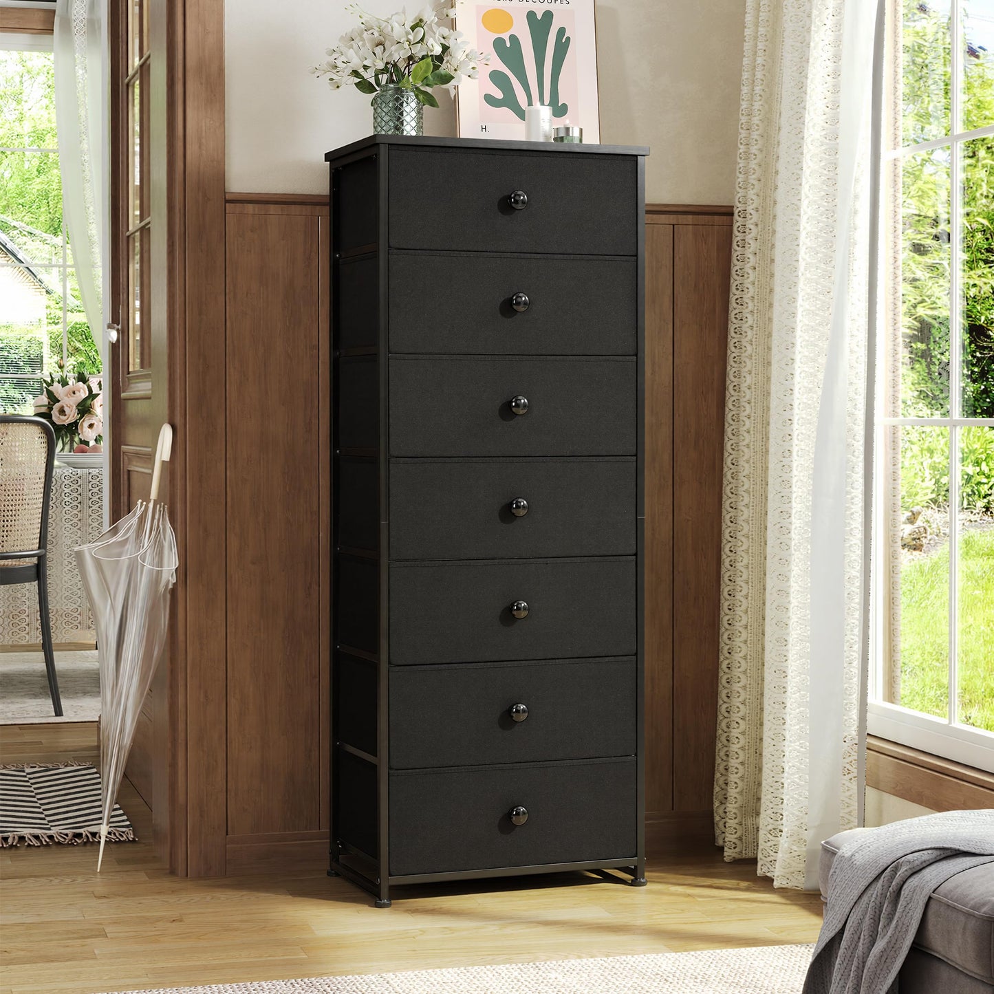 Crestlive Products Tall Dresser, 7-Drawer Fabric Storage Tower, Chests of Drawers - Vertical Organizer Unit for Bedroom, Hallway, Entryway, Nursery, Closets - Steel Frame, Wood Top & Handles (Black)