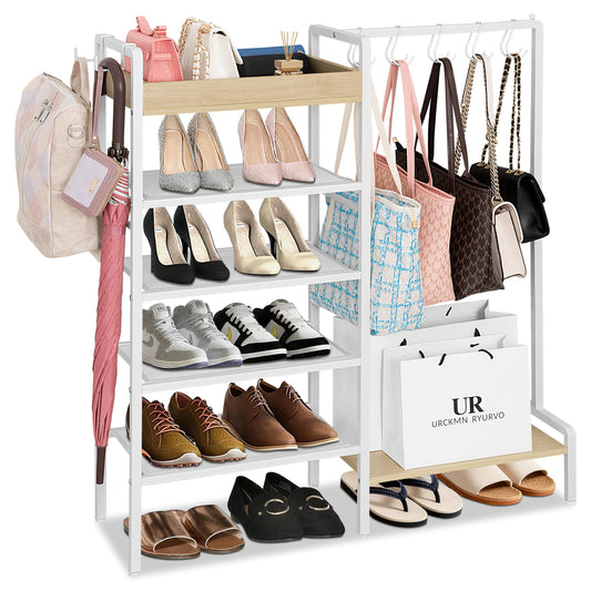 NauwaBarn 2-in-1 Shoe Rack for Closet with Purse Organizer, 5 Tier Shoes Shelf with Wooden Tray and Removable Shelves, Storage Organizer for Entryway, Garage, Hold Boots, Backpacks, White
