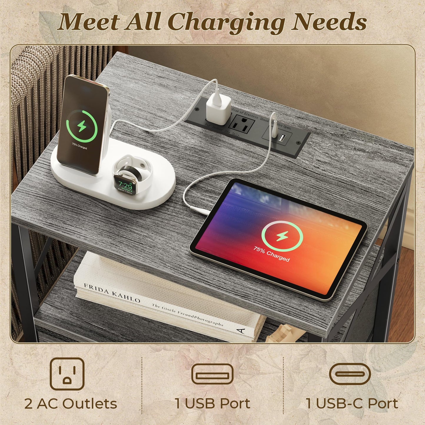 Huuger Nightstands Set of 2, Night Stand with Charger Station, 2 Drawer Side Table with Open Shelf, USB-C Port, End Table for Small Spaces, X Shaped Side Rail, Grey