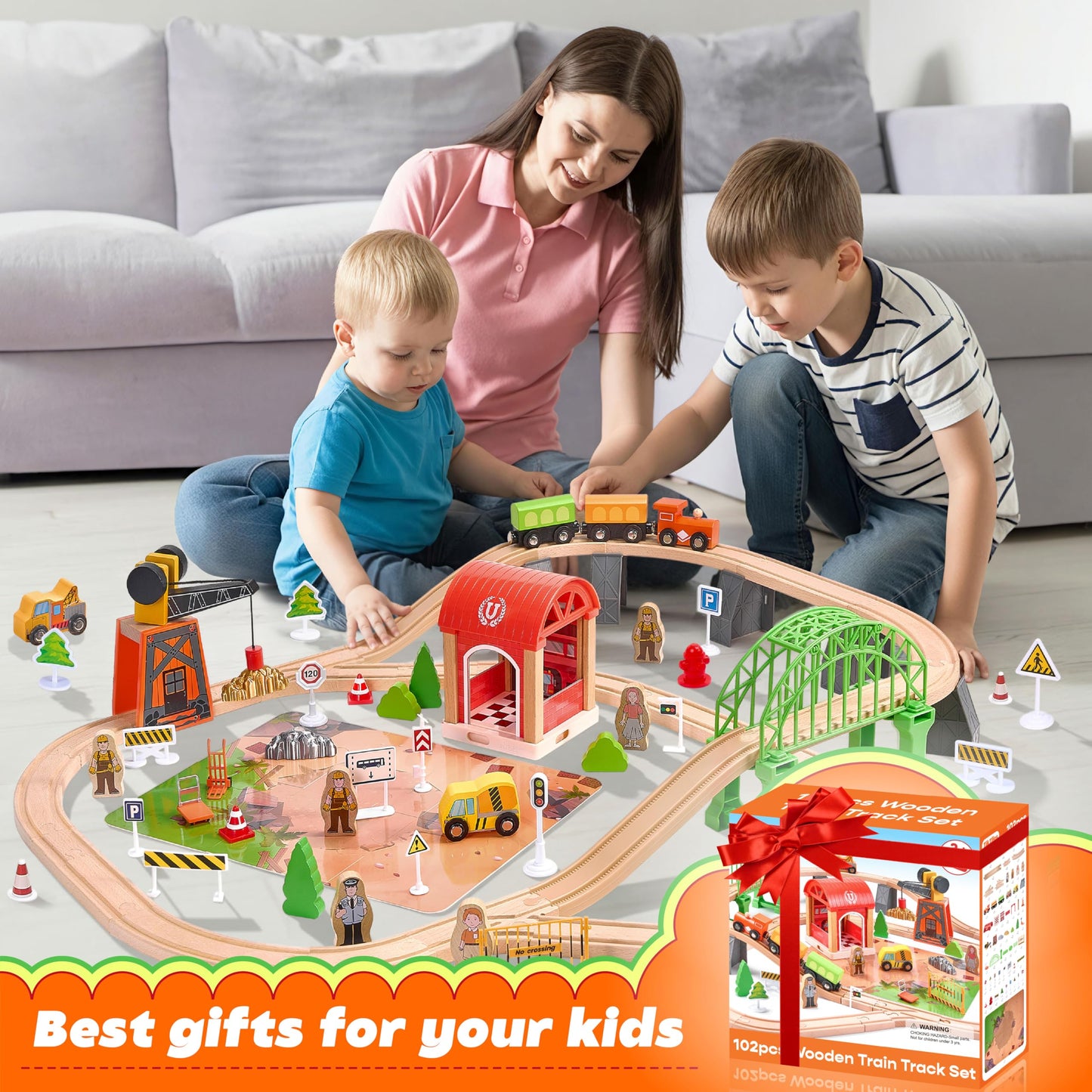 Wooden Train Set 102-Piece for Toddlers Kids Ages 3-8, Double-Sided Expandable Train Track with Puzzles & Magnetic Crane Toys, STEM Railway Playset Gifts Compatible with Major Brands for Boys Girls