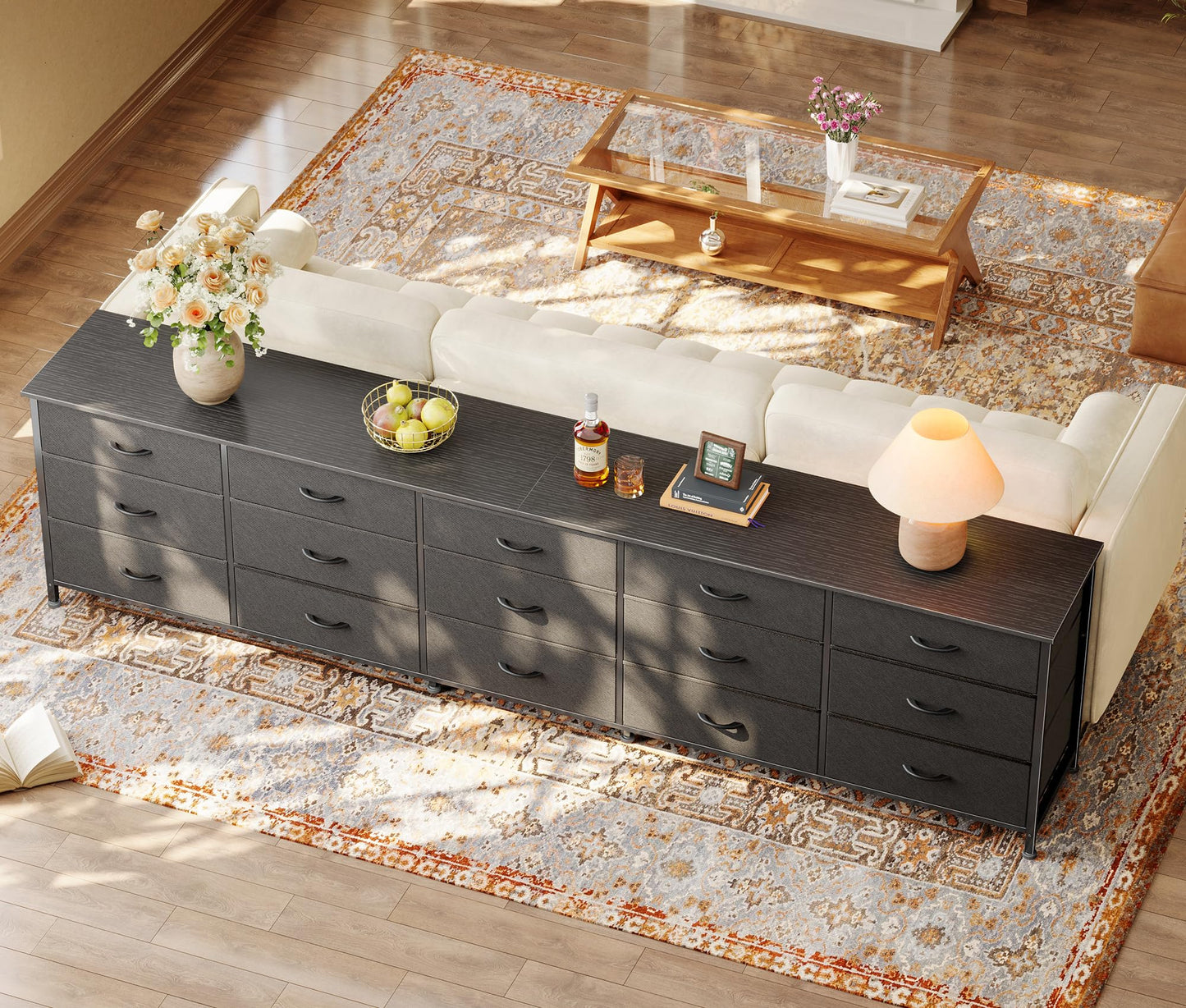 Huuger 86.6 Inch Dresser for Bedroom, TV Stand for 65, 75, 85 Inch TV, 15 Fabric Drawer Long Dresser, Large Entertainment Center for Bedroom, Wide Chest of Drawer with Storage, Black