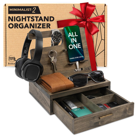 EcoLeafy Dot Nightstand Organizer for Men- Phone Docking Station with Drawer for Cellphone, Watches, Sunglasses & Accessories- Makes an Ideal Gift for Dad or Son (Rustic)