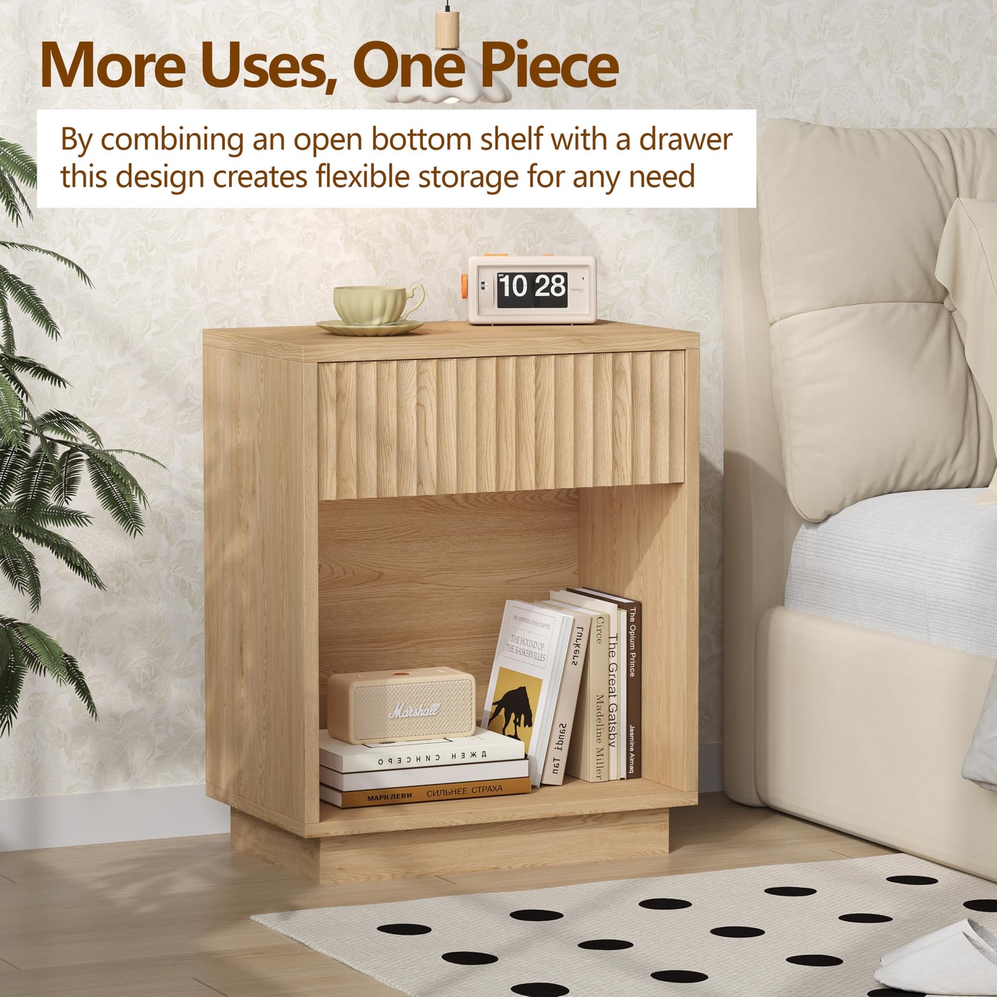 Zeibospri Fluted Nightstands Set of 2, Modern Mid Century Night Stand with Drawer and Open Shelf, Wooden Bedside End Side Table for Bedroom, Hallway, 11.8" D x 18.9" W x 23.6" H, Natural Oak