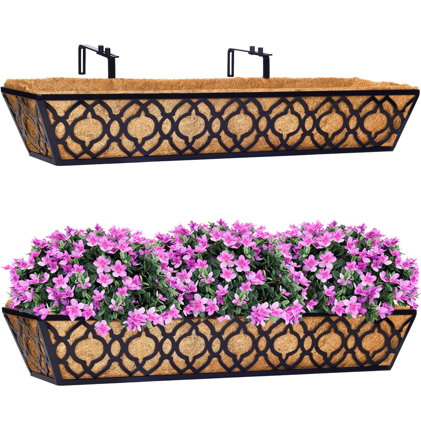 HFHOME 2 Pcs 30" Deck Railing Planter Box with Horse Trough Coco Liners, Black Window Box Metal Hanging Flower Planters Baskets for Indoor, Outdoor, Balcony, Porch, Fence, Patio, and Lawn