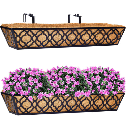 HFHOME 2 Pcs 30" Deck Railing Planter Box with Horse Trough Coco Liners, Black Window Box Metal Hanging Flower Planters Baskets for Indoor, Outdoor, Balcony, Porch, Fence, Patio, and Lawn