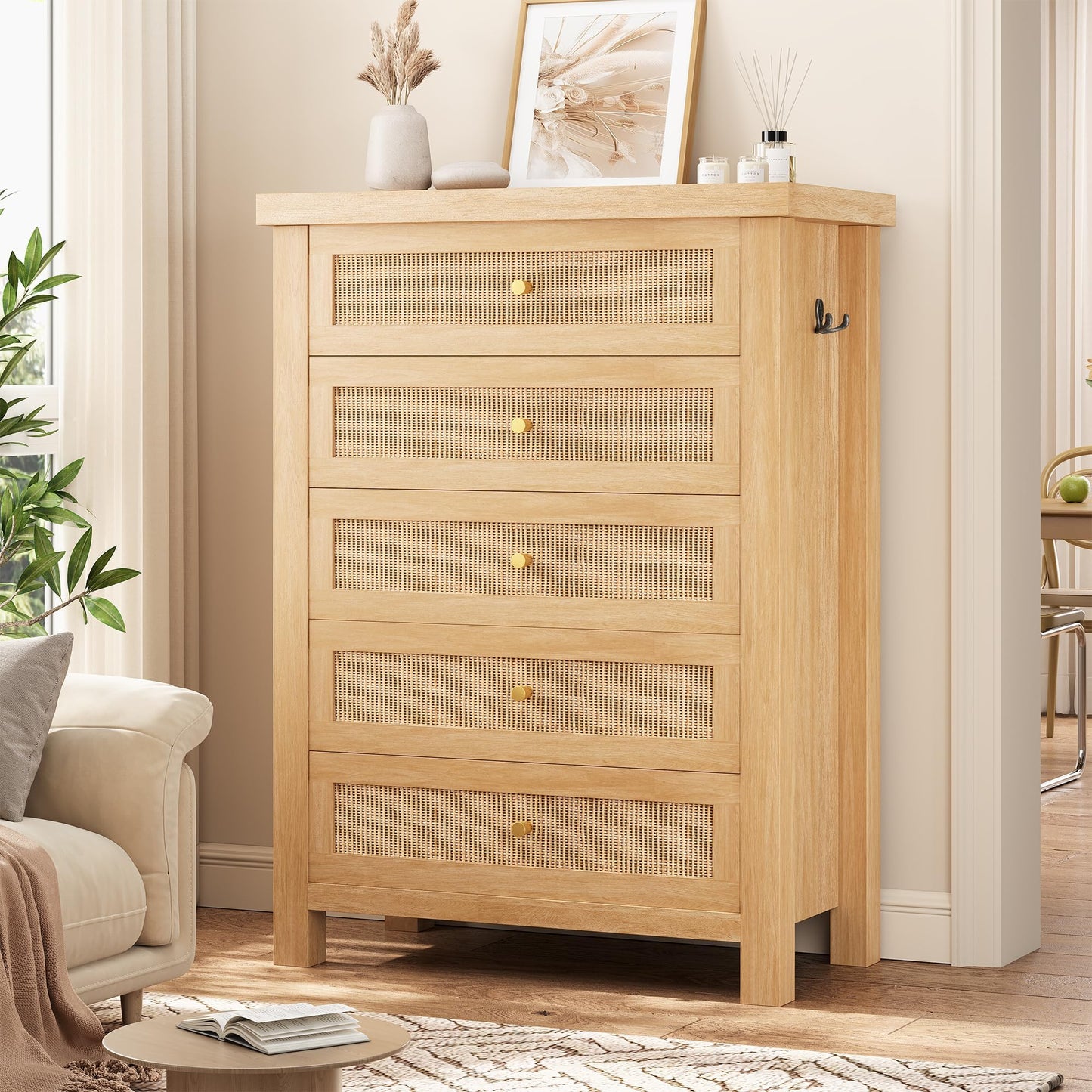 Natural Rattan Dresser for Bedroom with 5 Drawers, Wood Boho Chest of Drawers with Gold Metal Handle, Matte Top Bedroom Tall Dresser with Large Drawers for Living Room, Closet, Hallway, (Nartual)