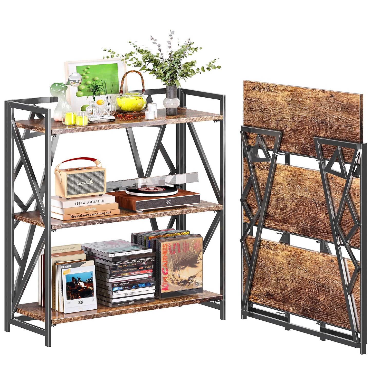 UDD No Assembly Wide Folding Bookshelf, 34" H x 30.9" W, 3 Tier Foldable Book Shelf Industrial Bookcase, Vintage Collapsible Storage Shelves for Home Office Living Room Bedroom, Rustic Brown Black