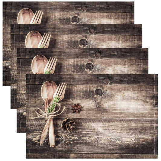 Farmhouse Wooden Plank Placemats Set of 4, 17x12 Inch Vintage Rustic Spoon Fork Cook Art Print Table Mats for Home Party Kitchen Dining Decor