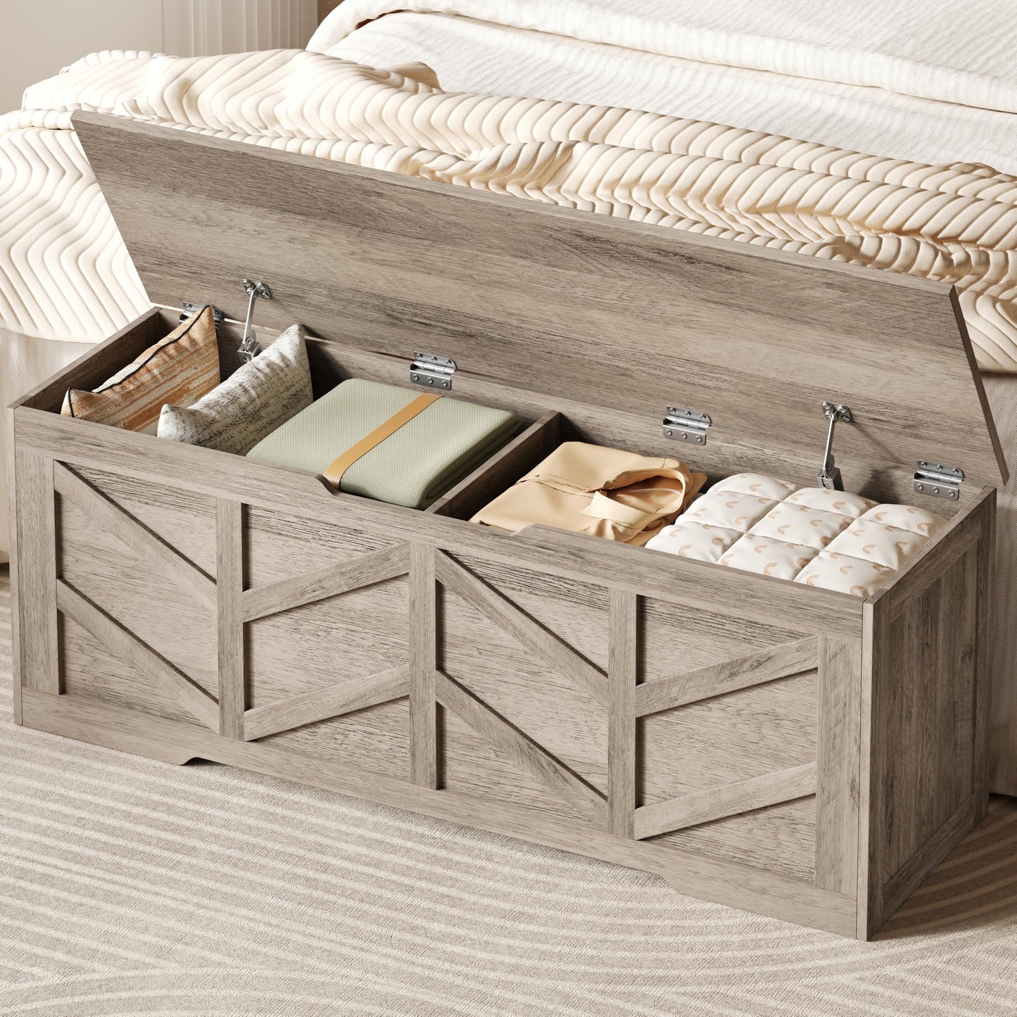 Zeibospri 51.2" Storage Chest, Extra Large Storage Bench with 2 Safety Hinges, Storage Trunk Supports 330 lb, Wooden Blanket Storage for Bedroom, livingroom, entryway, Greige