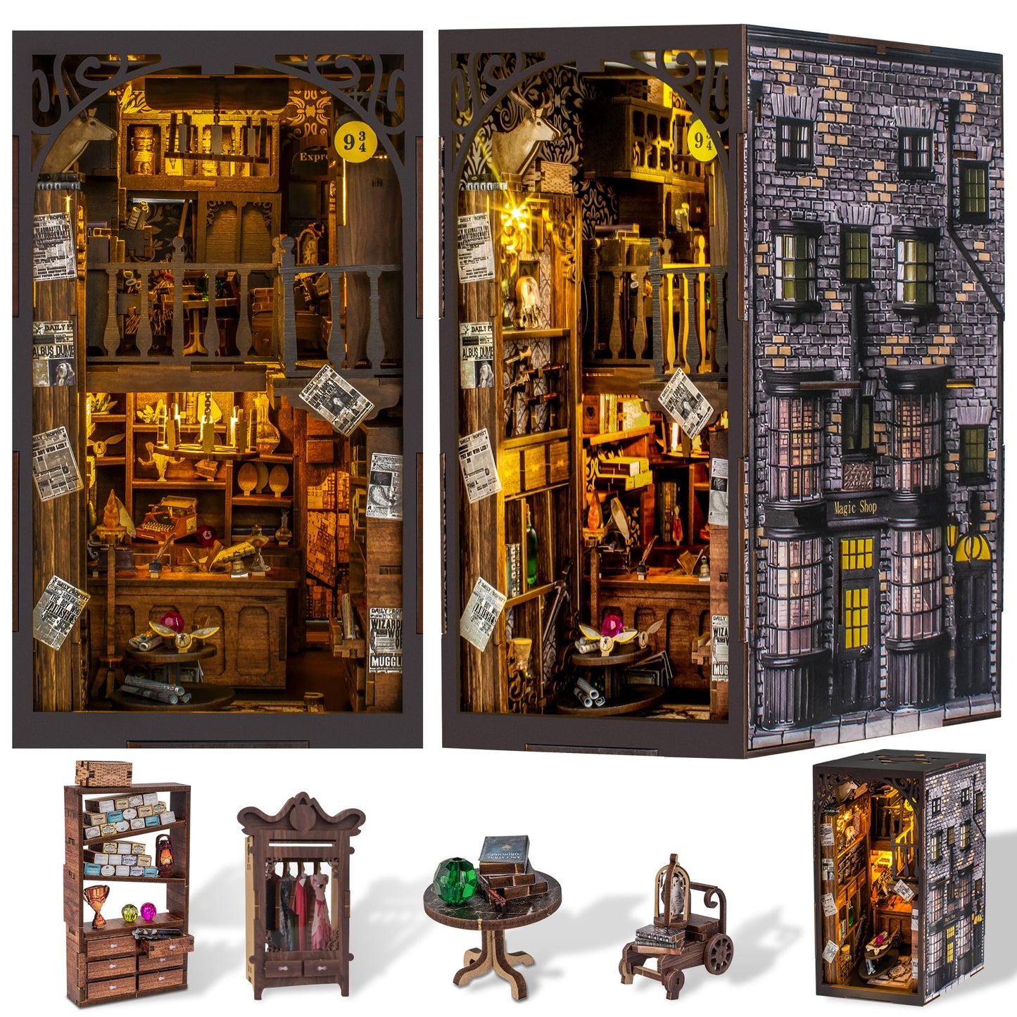Wimlade DIY Book Nook Kit, Miniature Book Nook kit, Wooden 3D Puzzle Bookend Bookshelf Insert Decor, Halloween/Christmas Decorations/Gifts for Adults and Teens