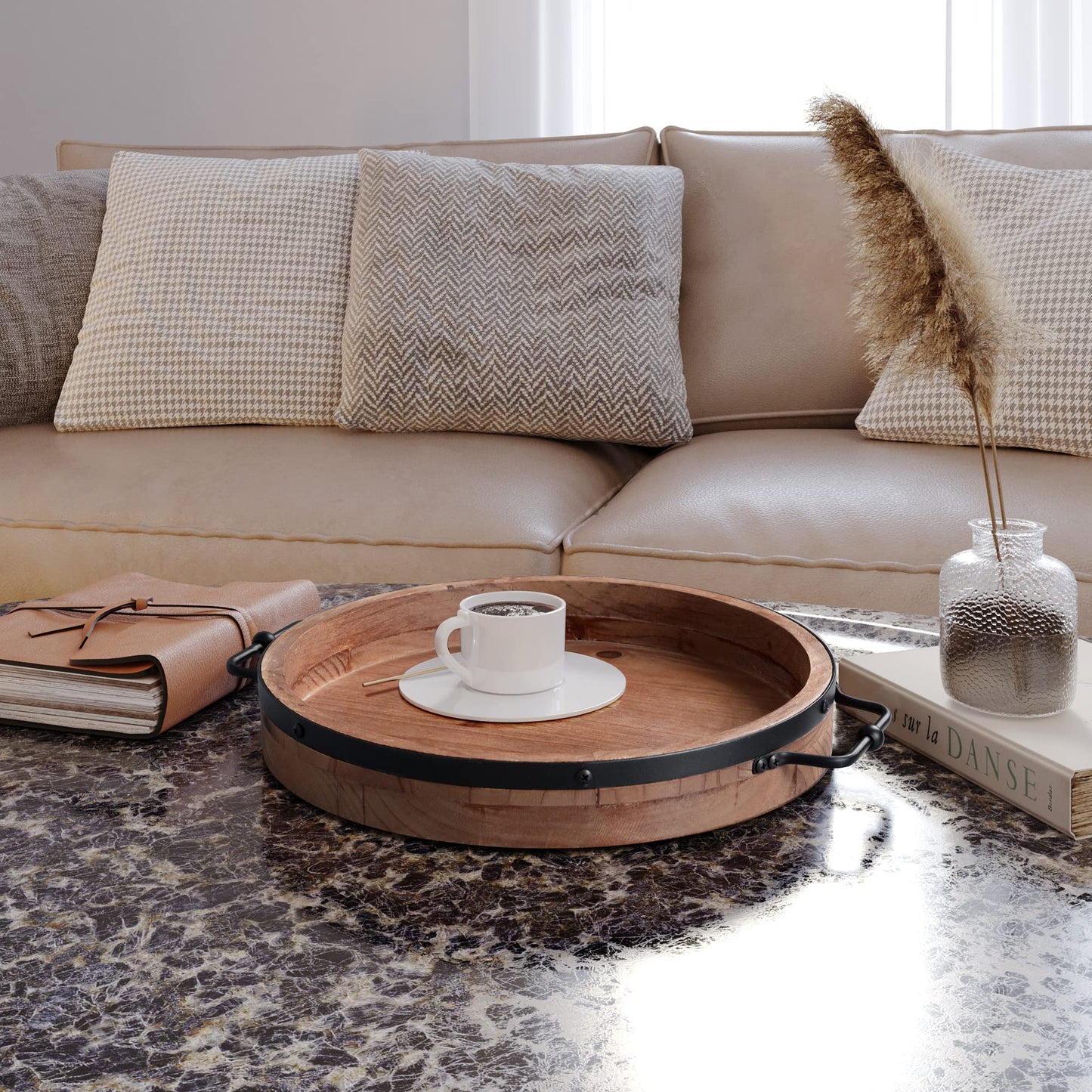 Round Coffee Table Tray - 13.2'' Farmhouse Wood Serving Tray with Metal Handles - Round Decorative Trays for Coffee Table - Wooden Circle Trays for Kitchen Counter