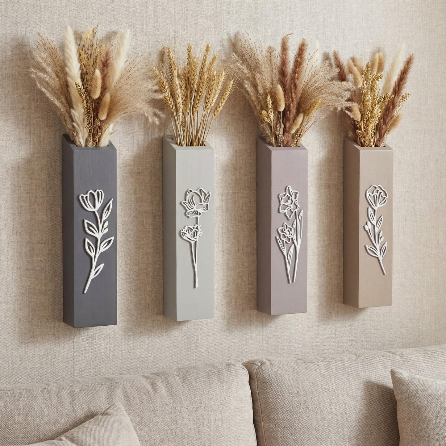 Bucherry 4 Pack 3D Wood Wall Planters Farmhouse Wall Flower Pocket Vases with 3D Floral Design Indoor Modern Neutral Boho Pocket Vase for Dried Flowers and Faux Greenery Plants for Living Room Bedroom