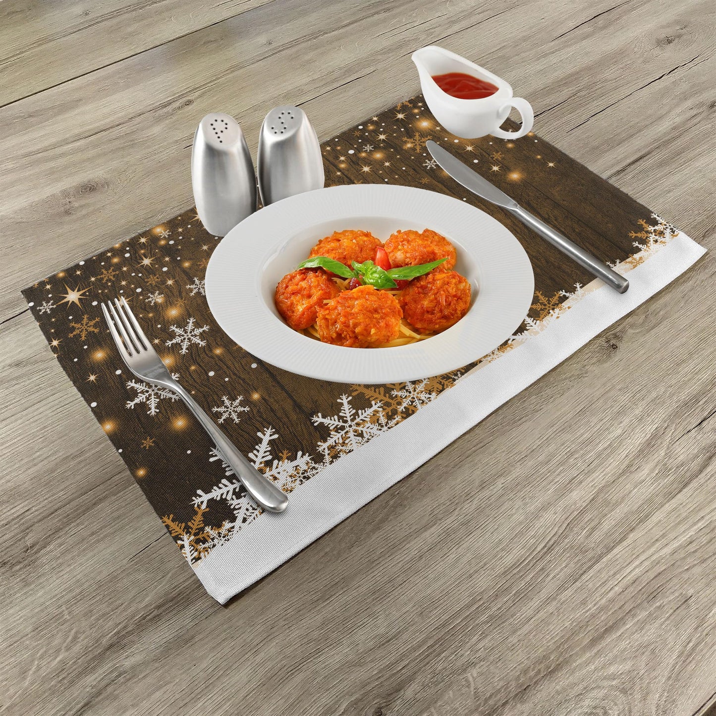 Ambesonne Christmas Place Mats Set of 8, Rustic Wooden Backdrop Snowflakes and Warm Traditional Celebration Print, Washable Fabric Placemats for Dining Table, Placemat 8 pcs, White and Brown