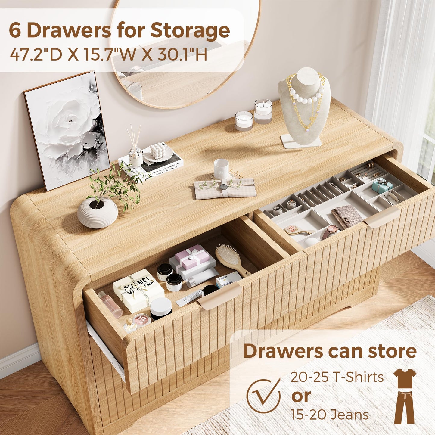 Jocoevol Modern 6 Drawer Dresser, 47" Wide Wood Dressers & Chests of Drawers Curved Profile Design, Mid Century Modern Fluted Dresser for Bedroom, Natural Oak