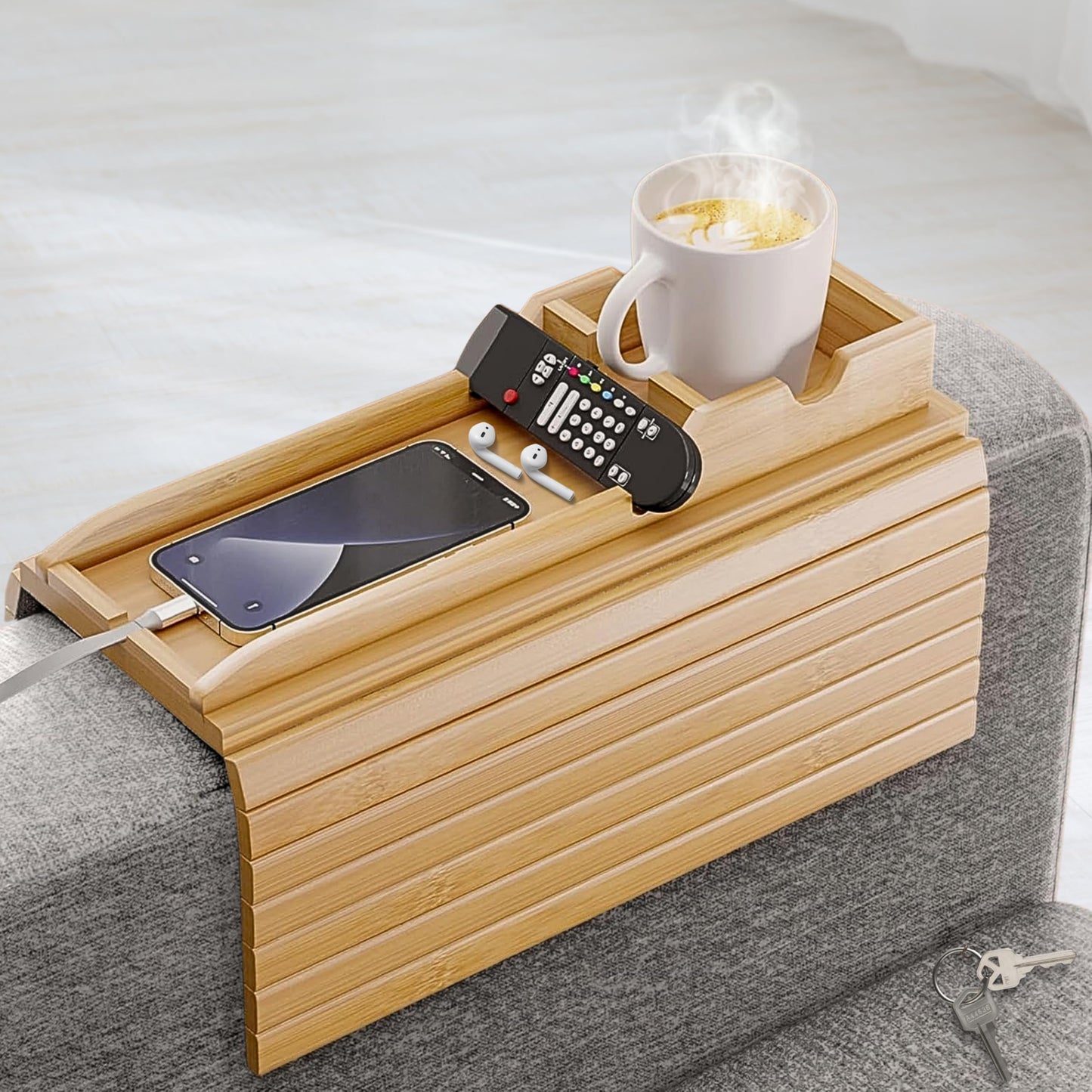 Couch Cup Holder, Bamboo Sofa Armrest Tray with Detachable Cup Holder – Foldable Anti-Slip Sofa Table Armrest Tray for Drinks, Snacks, Remotes & Phones – Universal Fit Organizer, Easy to Clean