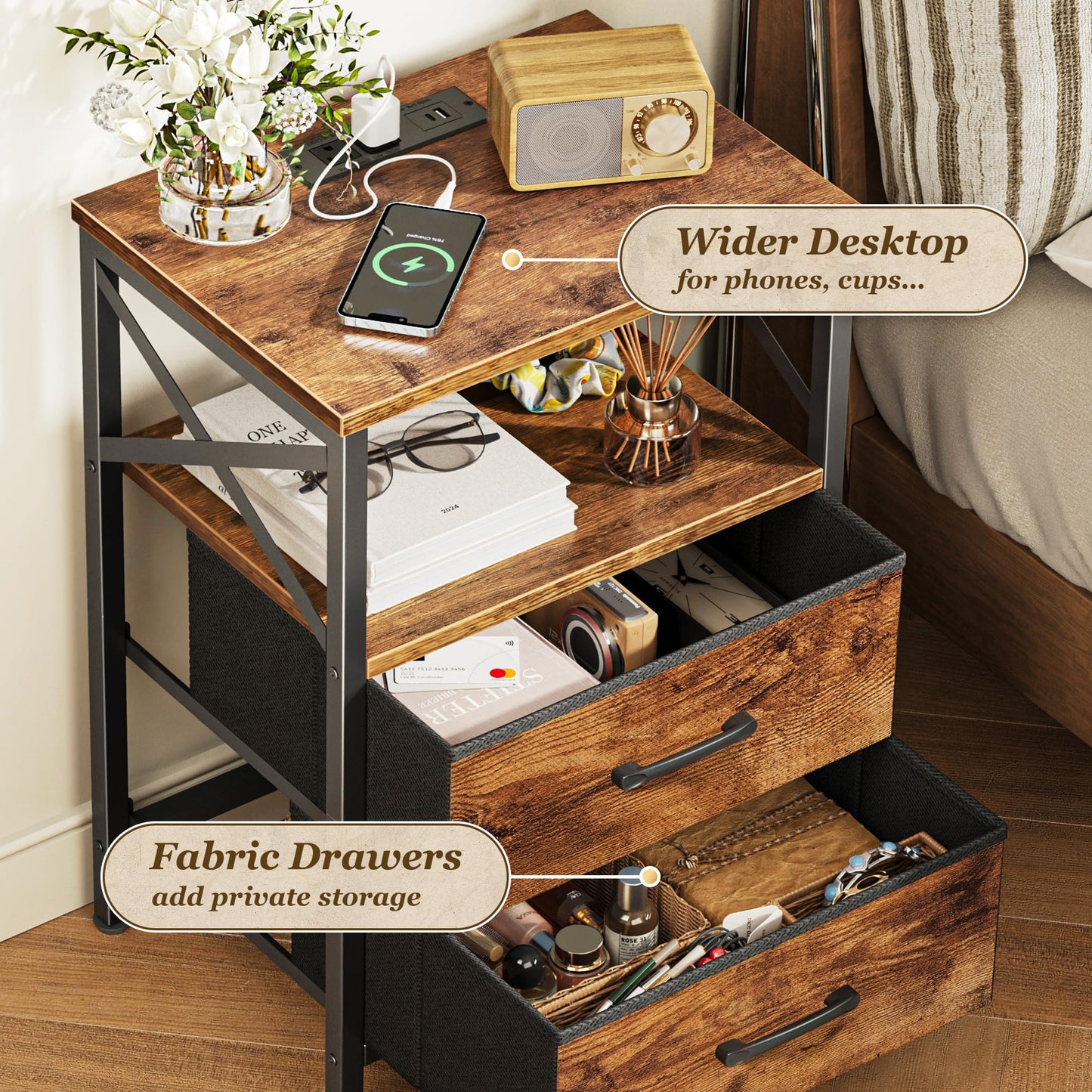 Huuger Nightstands Set of 2, Night Stand with Charger Station, 2 Drawer Side Table with Open Shelf, USB-C Port, End Table for Small Spaces, X Shaped Side Rail, Rustic Brown