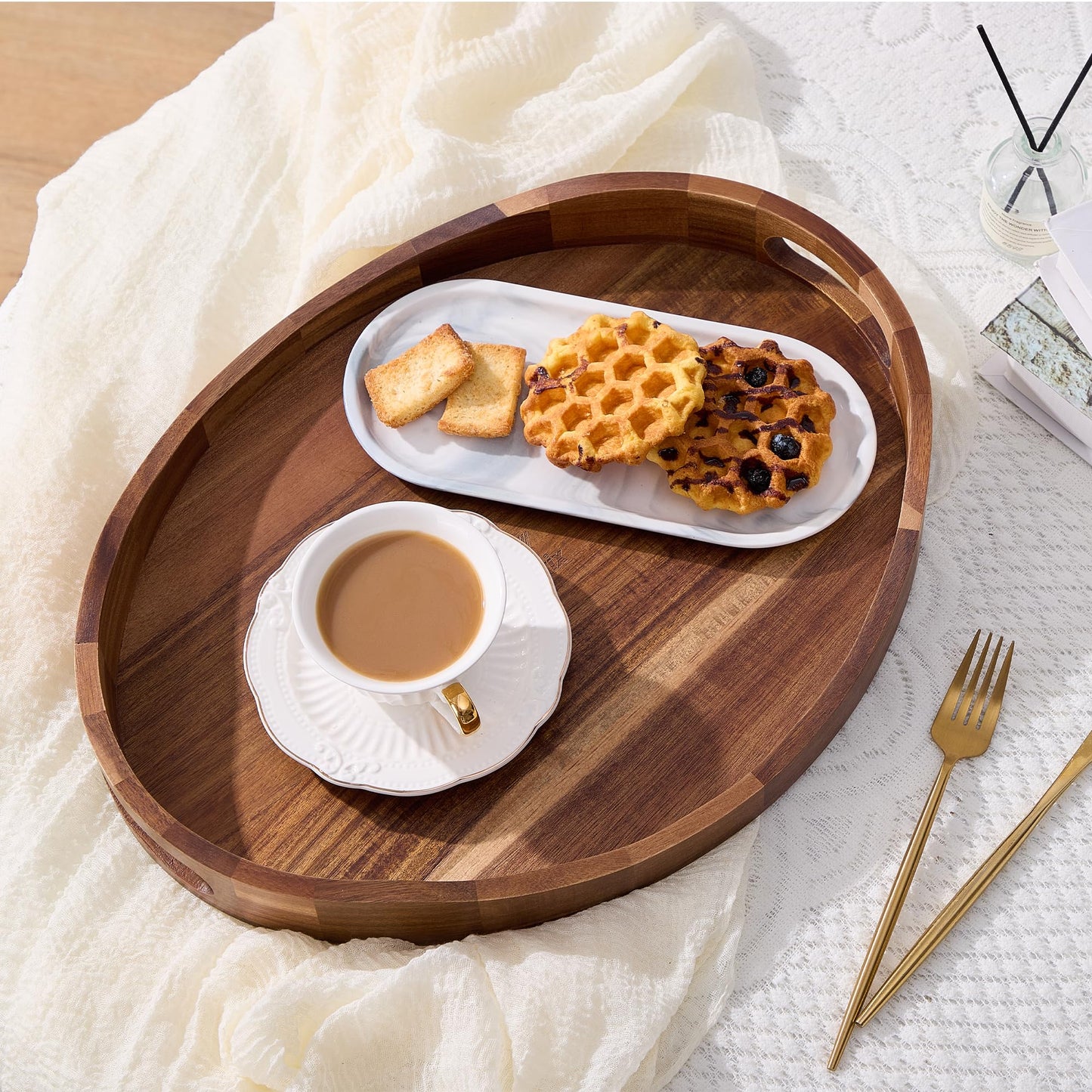 Acacia Wood Serving Tray with Handles - 17'' x 13'' Round, Decorative Ottoman Trays for Breakfast, Home Decor, Tea Party, Coffee Table, Candle Display, Kitchen Counter Board