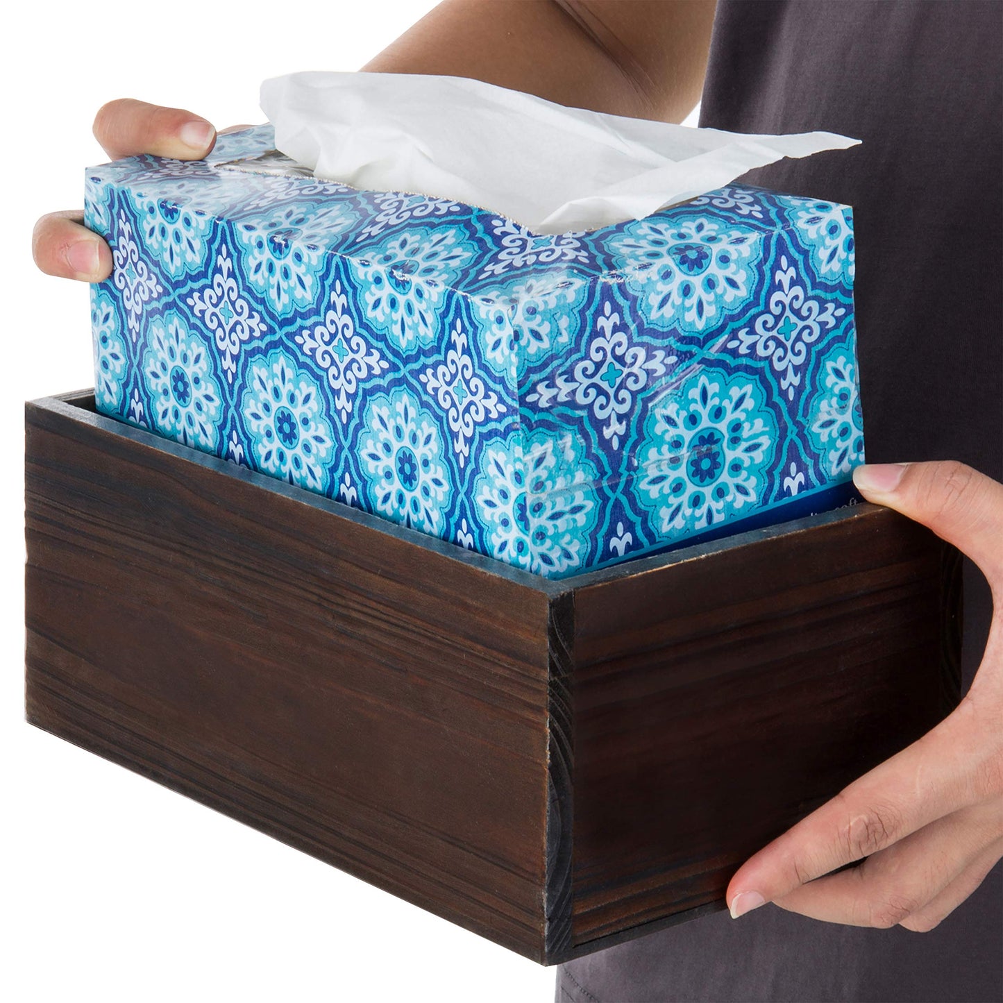 MyGift Rustic Brown Wooden Tissue Box Holder with Torched Wood Finish Cover, Rectangular Facial Tissue Box Cover with Natural Wood Grain Texture