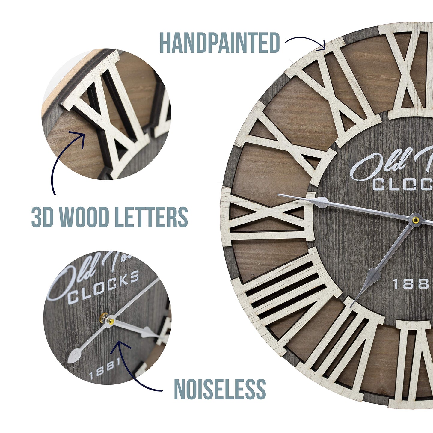 Oldtown Clocks 18" Rustic Farmhouse Wash Out Vintage Roman Wooden Wall Clock Silver Hands (Whitewood Lettering, 18 inch)