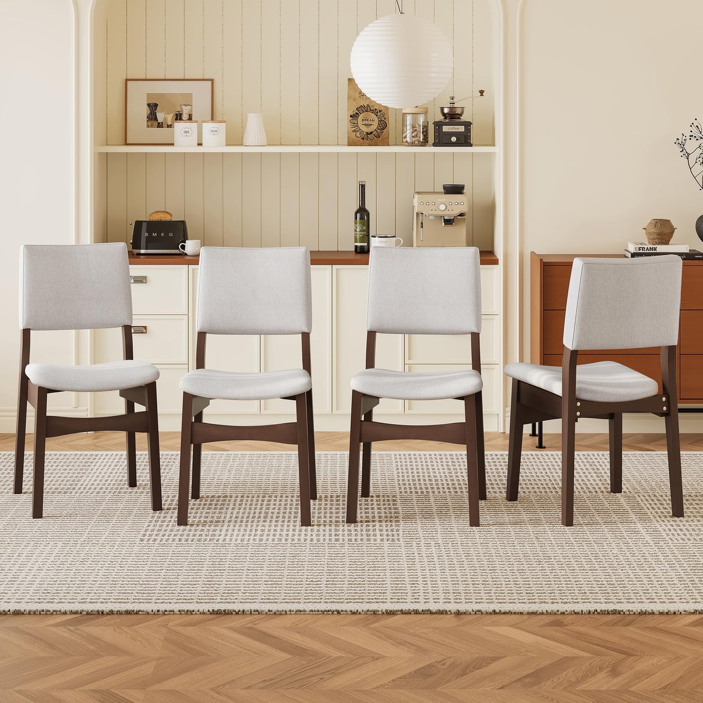 Upholstered Stackable Dining Chairs Set of 2 Linen Fabric Seat Backrest, Solid Wood Frame, Rustic Kitchen Chairs for Dining Room, Living Room, Dark Walnut