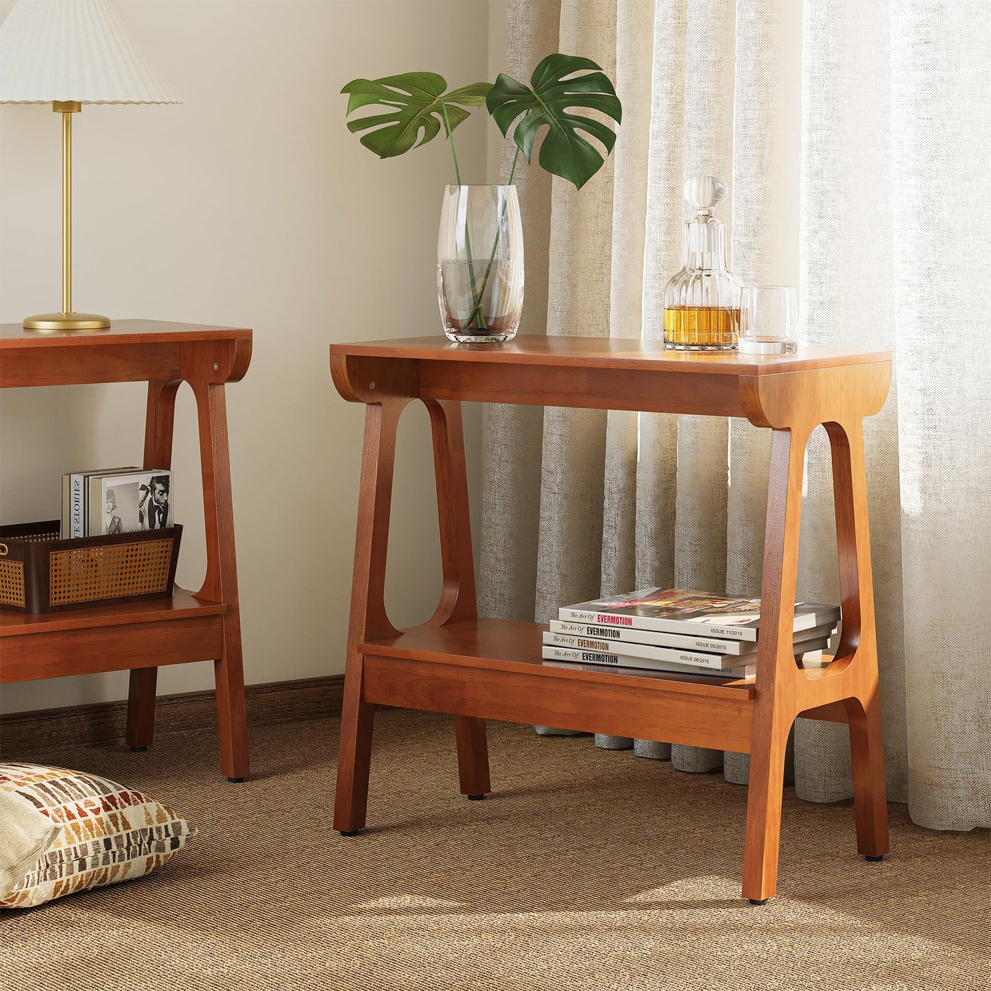 LITTLE TREE Solid Wood End Table, 24" H Small Wooden Side Table with Narrow 2-Tier Shelves, Slim End Tables for Small Spaces, Bedside Table for Bedroom,Living Room,Bathroom, Entryway (24" W x 11.8" D)