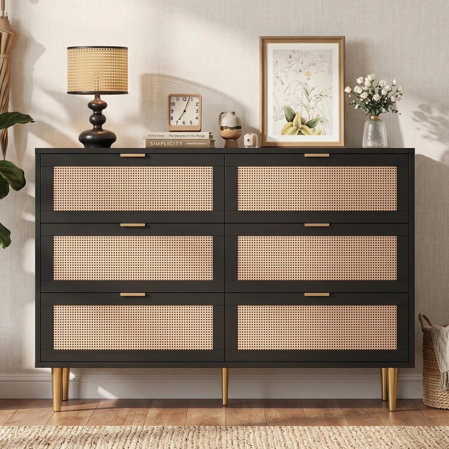 Garvee Rattan 6 Drawer Dresser, 42.5''W Wood Dresser, Chest of Drawers with Gold Legs and Handles, Double Dressers with Large Tabletop and Anti-Tipping Design for Bedroom, Black