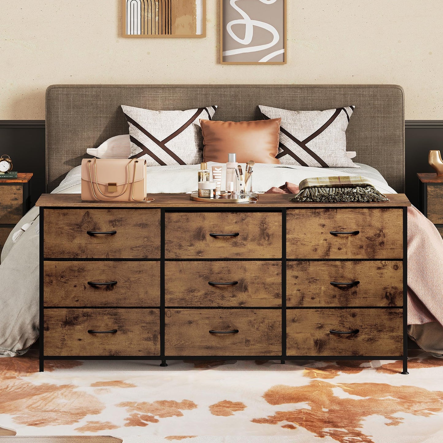 WLIVE 54''W Dresser for Bedroom, Dresser TV Stand for 55, 60, 65 inch TV, Wide Chest of Drawers with 9 Drawer, Large Entertainment Center, Fabric Dressers with Wood Top for Living Room, Rustic Brown