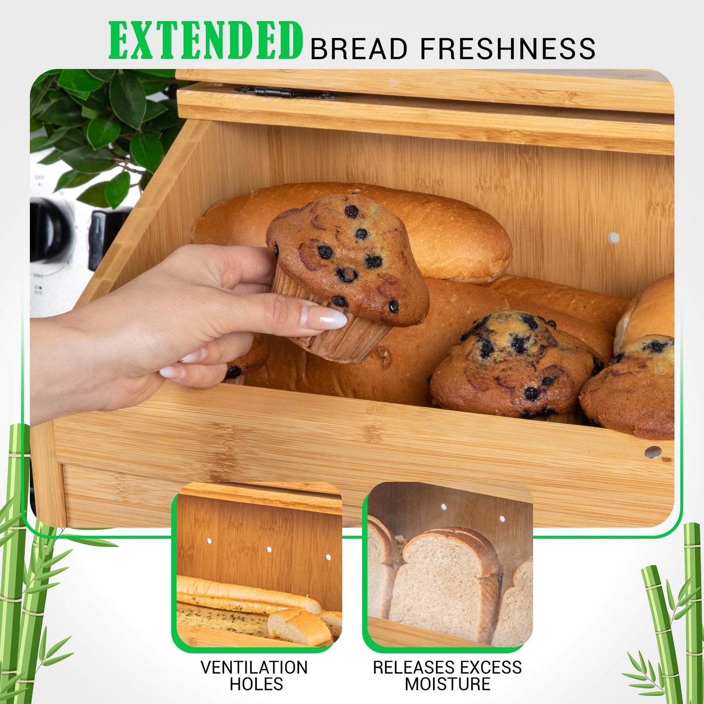3J2 Discoveries Bread Box for Kitchen Countertop – Large Wooden Bamboo Bread Box with Cutting Board (SELF-ASSEMBLY)