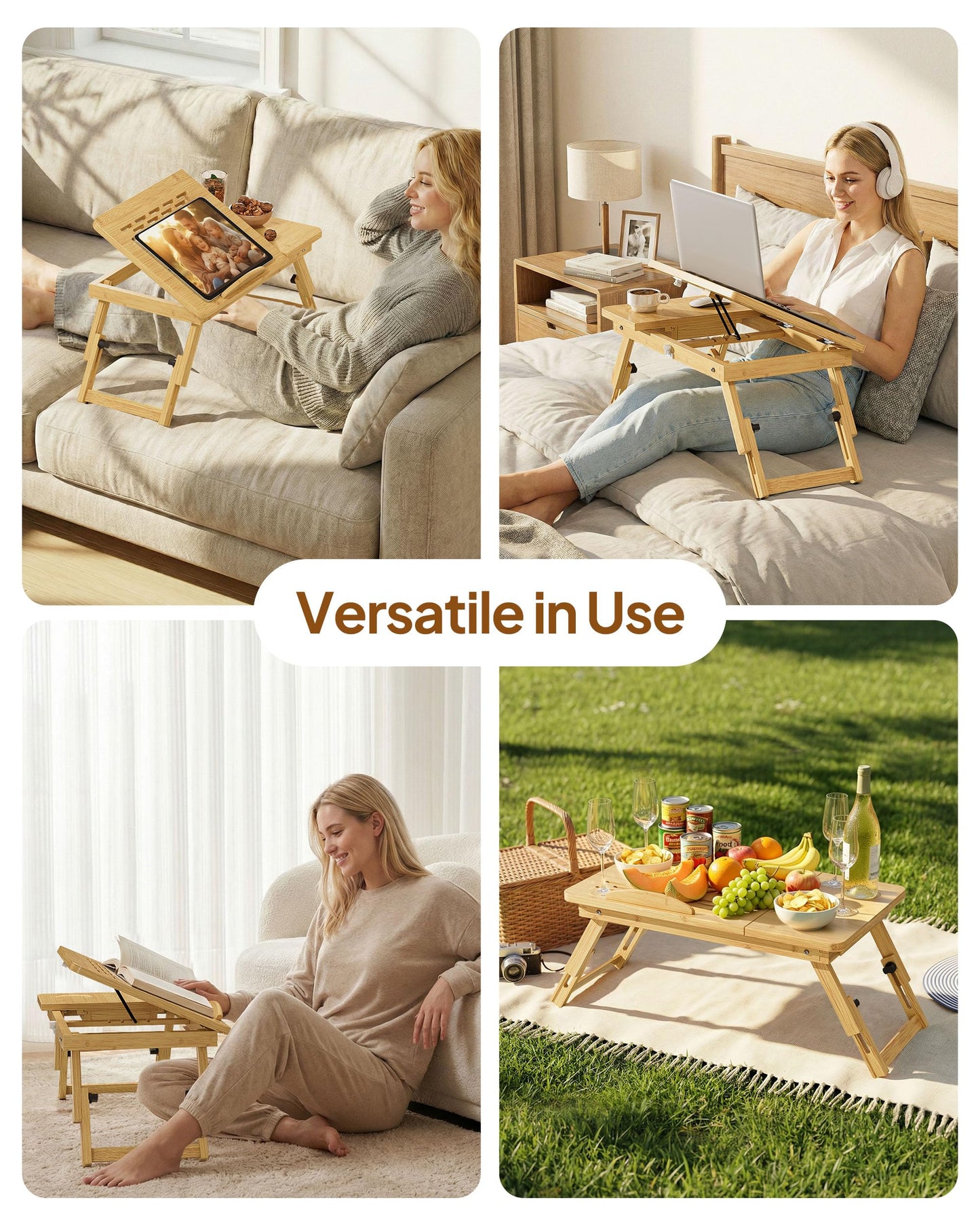 Bamboo Lap Desk,Adjustable Bed Desk with 4 Angle Options and Folding Design,Laptop Stand for Bed,Writing,Office Work,Drawing,Sofa & Travel
