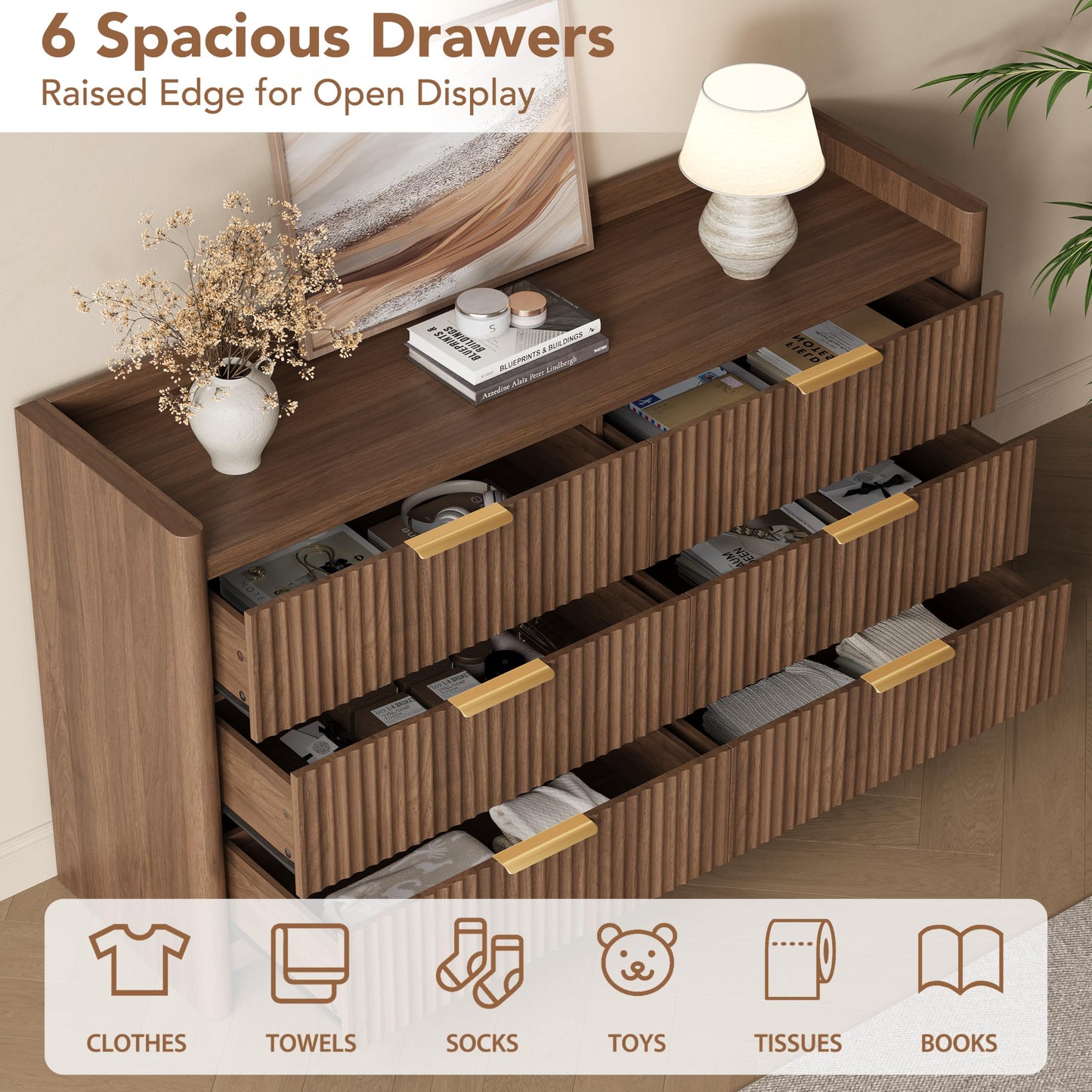 Decofy 6 Drawer Dresser for Bedroom, Fluted Dressers with Rounded Edge & Raised Lip Top, Anti-Tip Chest of Drawers for Living Room, Hallway, Entryway, Walnut