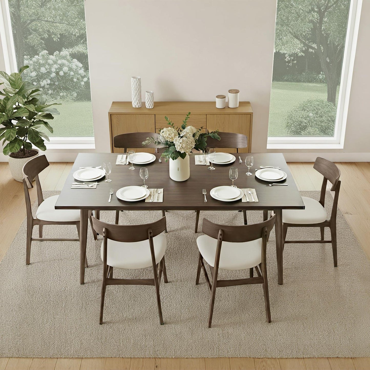 KISLOT Wooden Dining Chairs Set of 4, Upholstered Modern Dining Room Chairs, Mid Century Oak Kitchen Chairs with Curved Wood Backrest for Farmhouse, Restaurant, Café (Cream Fabric & Walnut Color)