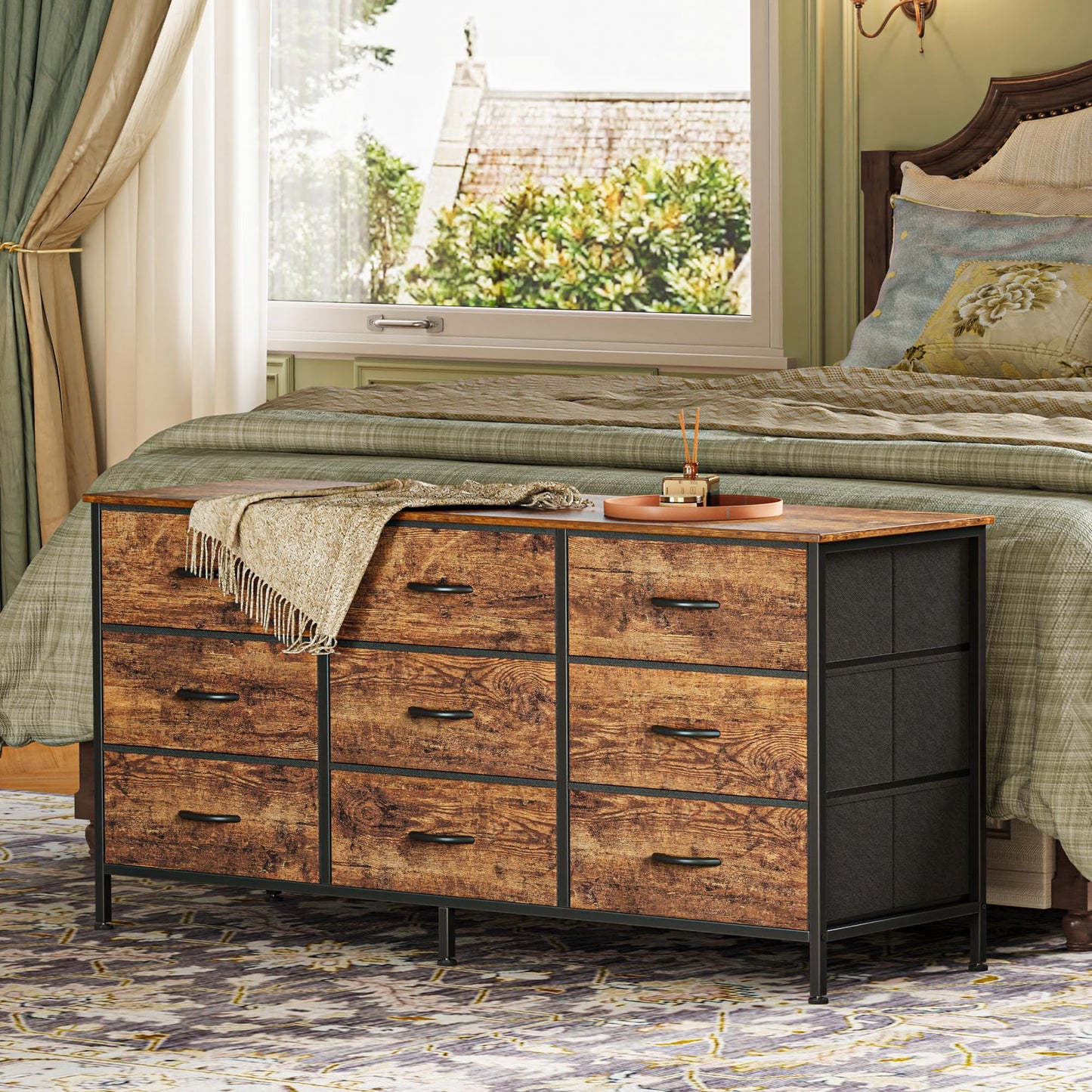 Huuger 9 Drawer Dresser, 47 Inch Dresser TV Stand for 50, 55 Inch TV, Entertainment Center with Drawers, Fabric Chest of Drawer for Bedroom, Closet, Rustic Brown