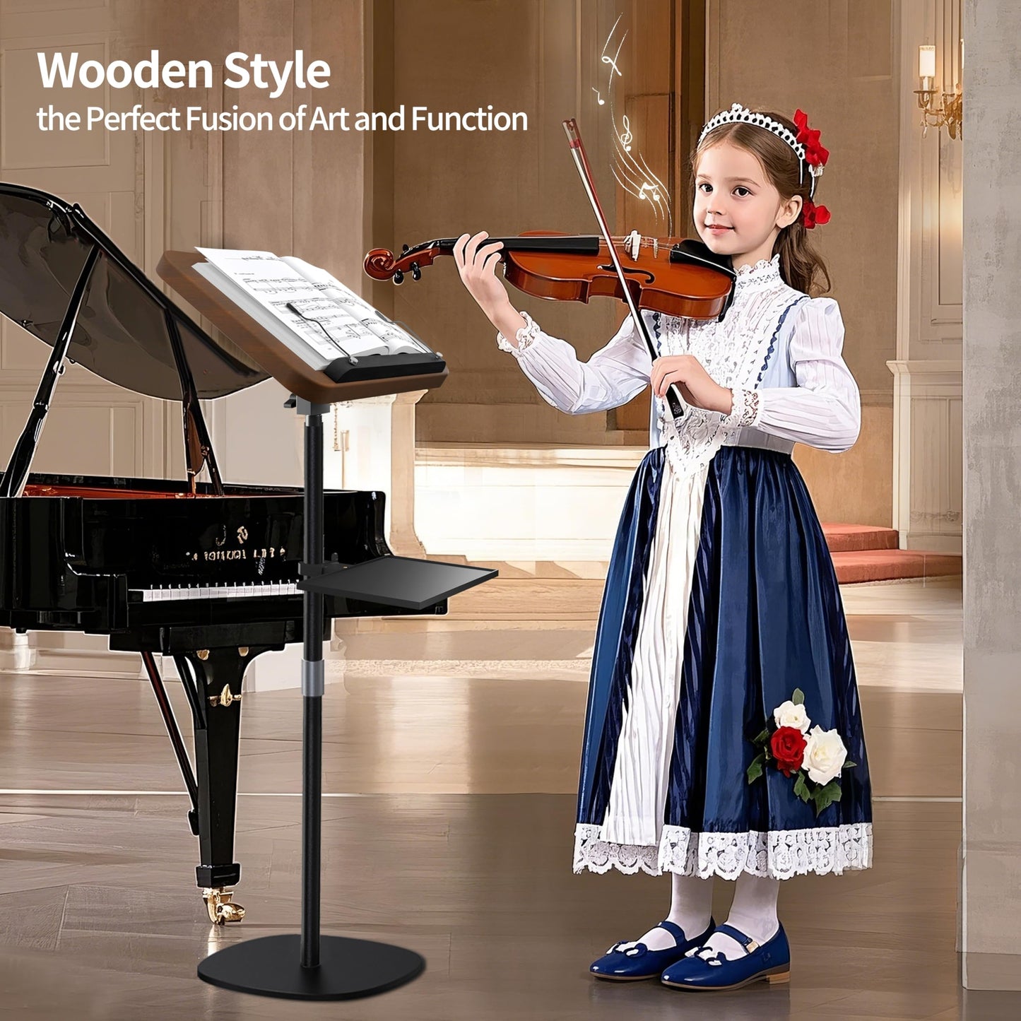 NAMON 2-in-1 Wooden Music Stand, Floor & Tabletop Sheet Music Stand with Page Clips & Tray, 16.5"-51" Adjustable Height, Ideal for Violin, Guitar, Conductors & Classroom (Walnut Effect)
