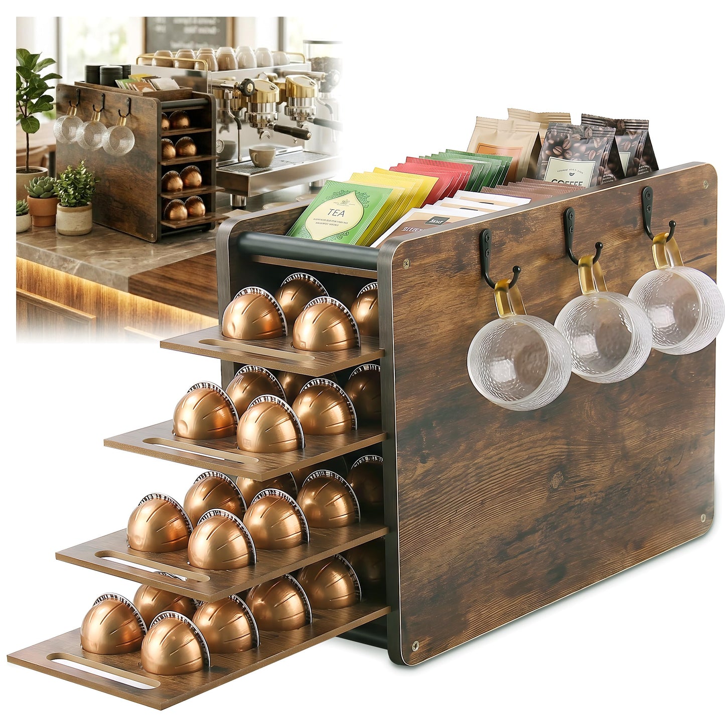 yoopin Coffee Pod Drawer Holder, Wooden Coffee Pod Storage