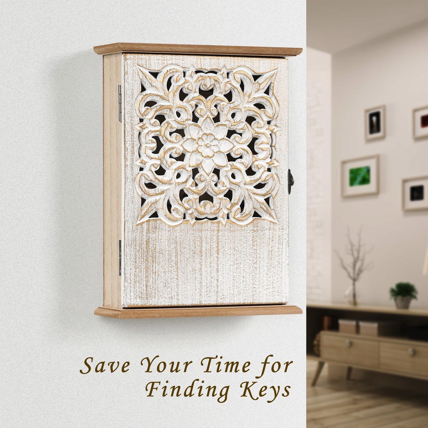AHUONEL Key Holder for Wall Decorative Key Box Key Cabinet, Wooden Key Hooks Wall Mounted Key Hangers Rustic Key Rack with 6 Key Hooks for Home Office Entryway, Christmas Housewarming Gift