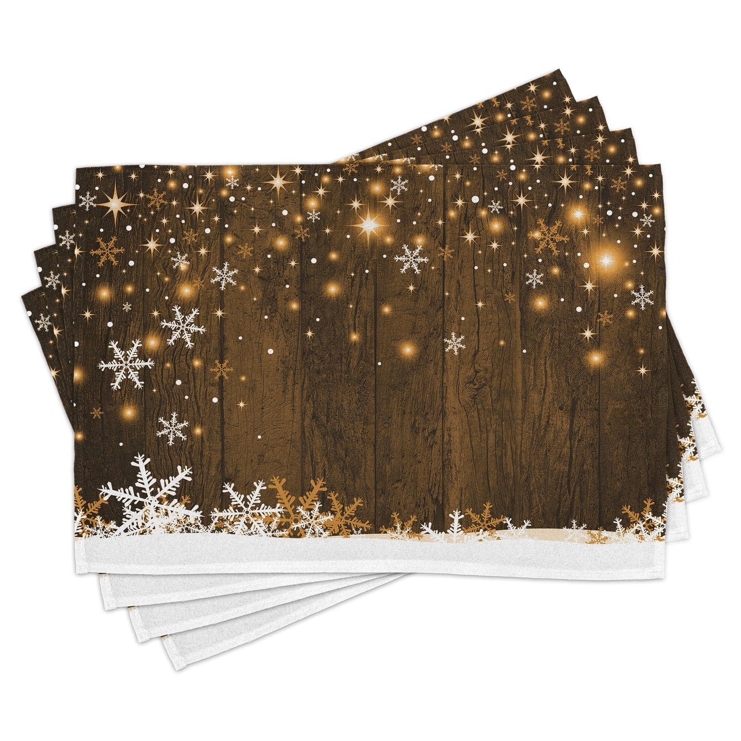 Ambesonne Christmas Place Mats Set of 8, Rustic Wooden Backdrop Snowflakes and Warm Traditional Celebration Print, Washable Fabric Placemats for Dining Table, Placemat 8 pcs, White and Brown